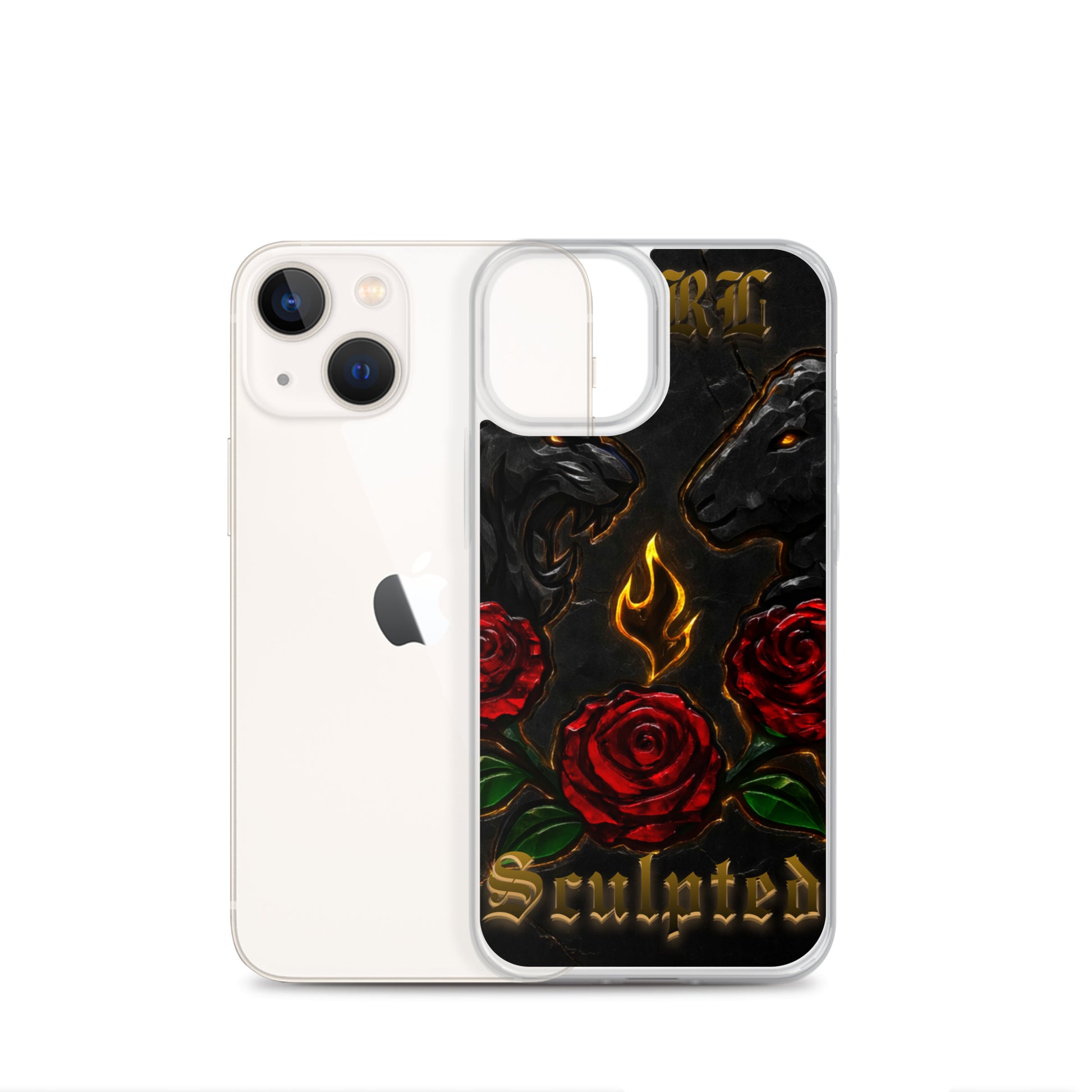 Phone case with lion/lamb design on a black background with text "Sculpted"