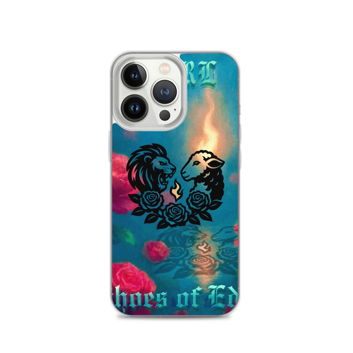 Phone case with lion and lamb design and colorful background on a white background