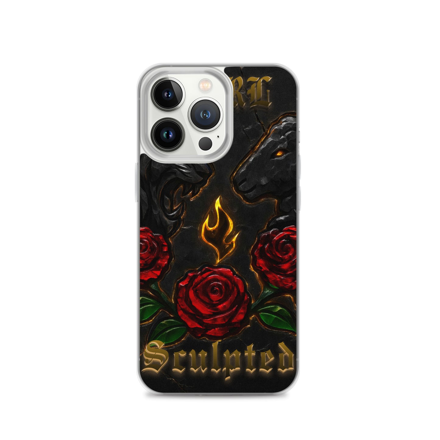 Phone case with roses, flames, and 'Sculpted' text on a black background