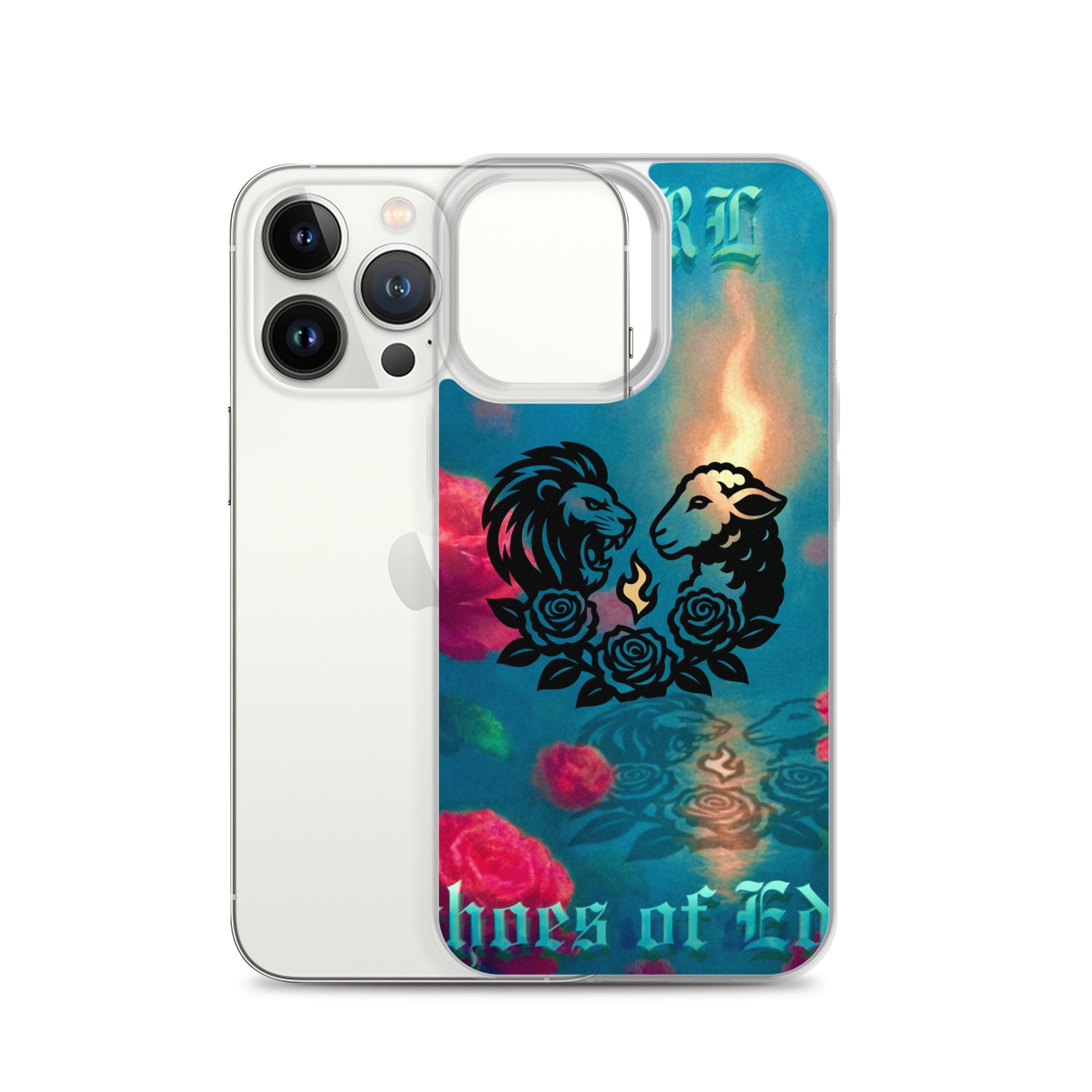 Phone case with lion and rose design on a blue background