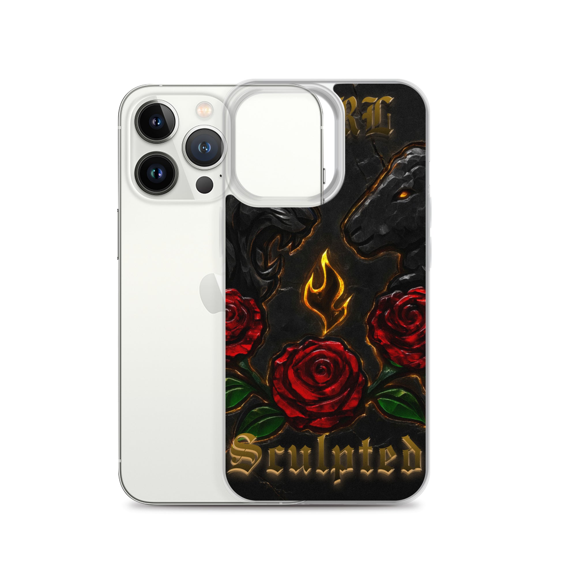 Phone case with red roses and flame design on a black background