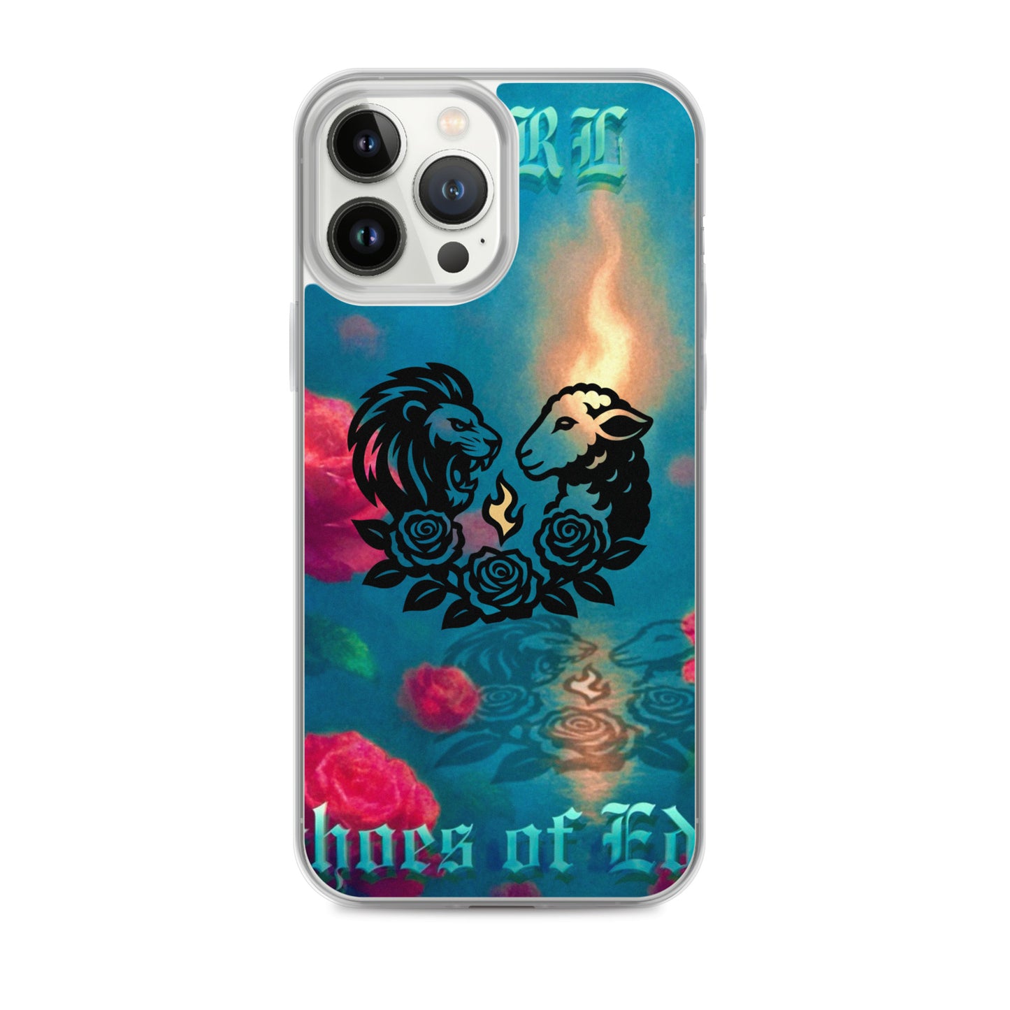Phone case with lion and lamb design on a colorful background