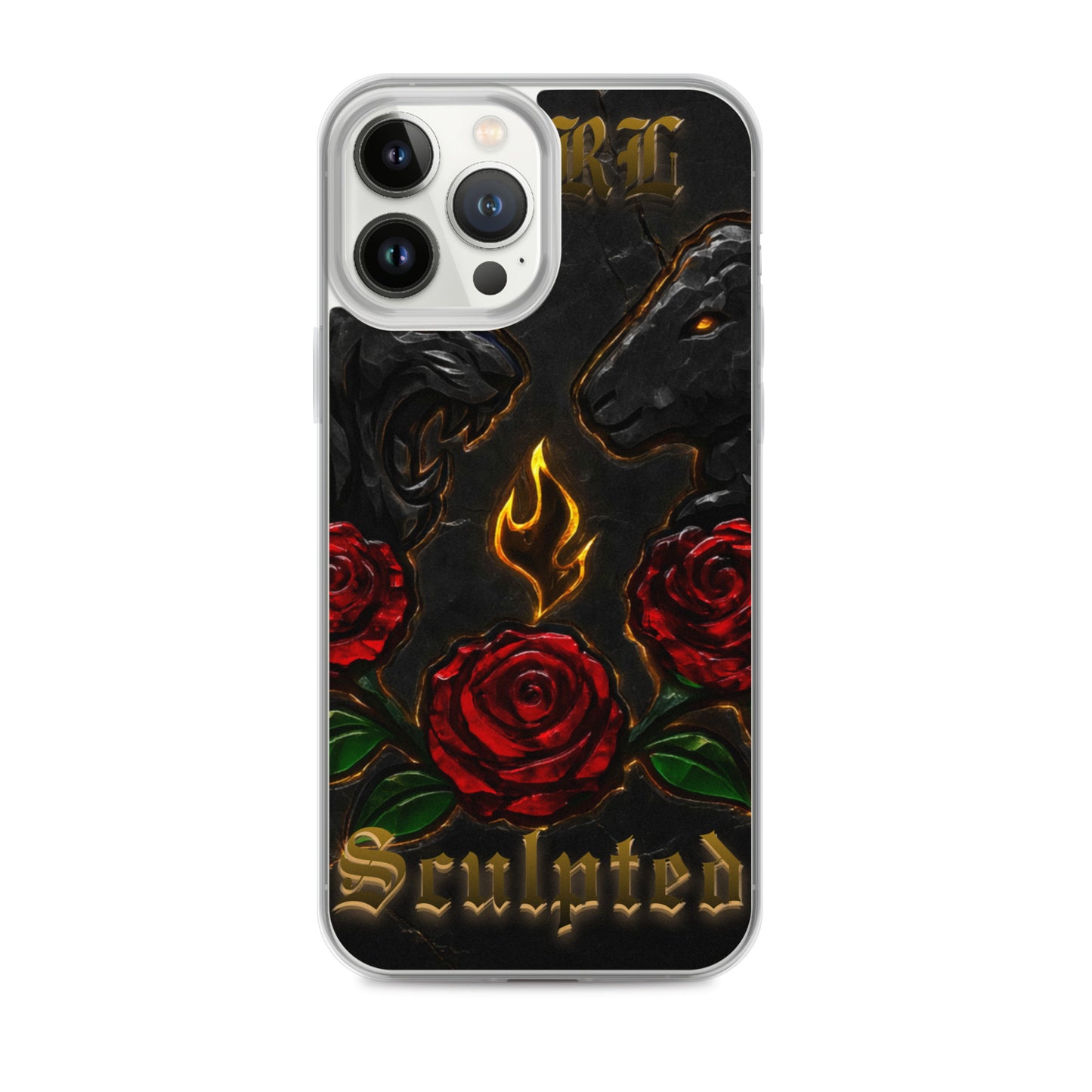 Phone case with roses, flames, and 'Sculpted' text on a black background