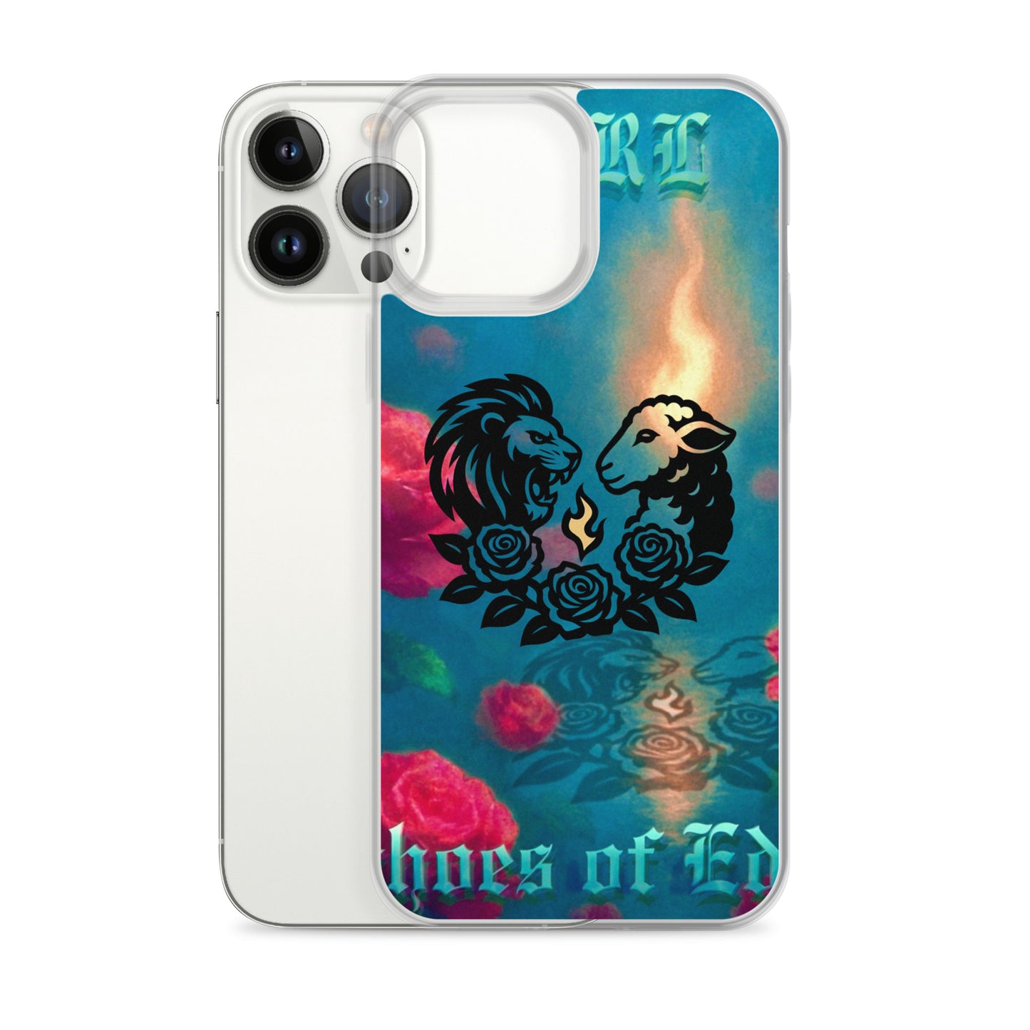 Phone case with lion and lamb design, roses, and colorful background on a white background
