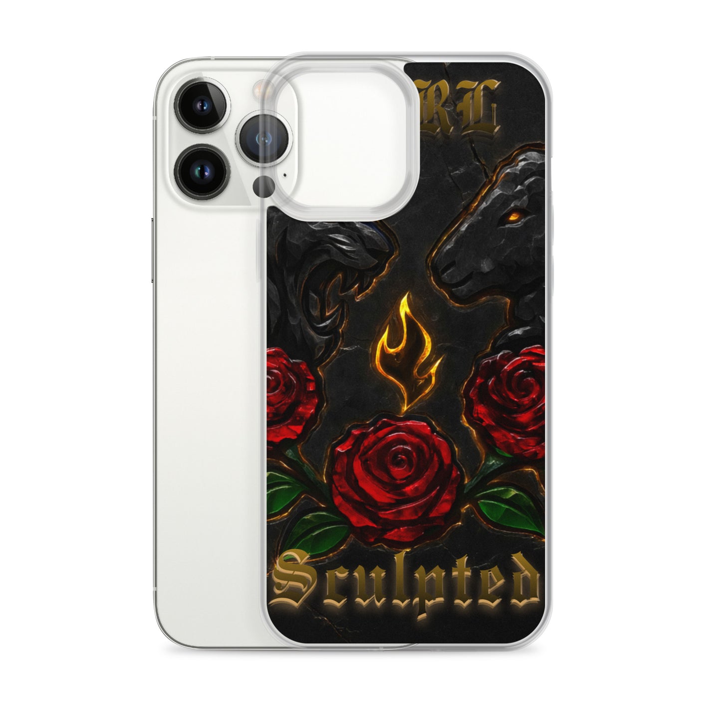 Phone case with black lamb, red roses, and 'Sculpted' text on a white background