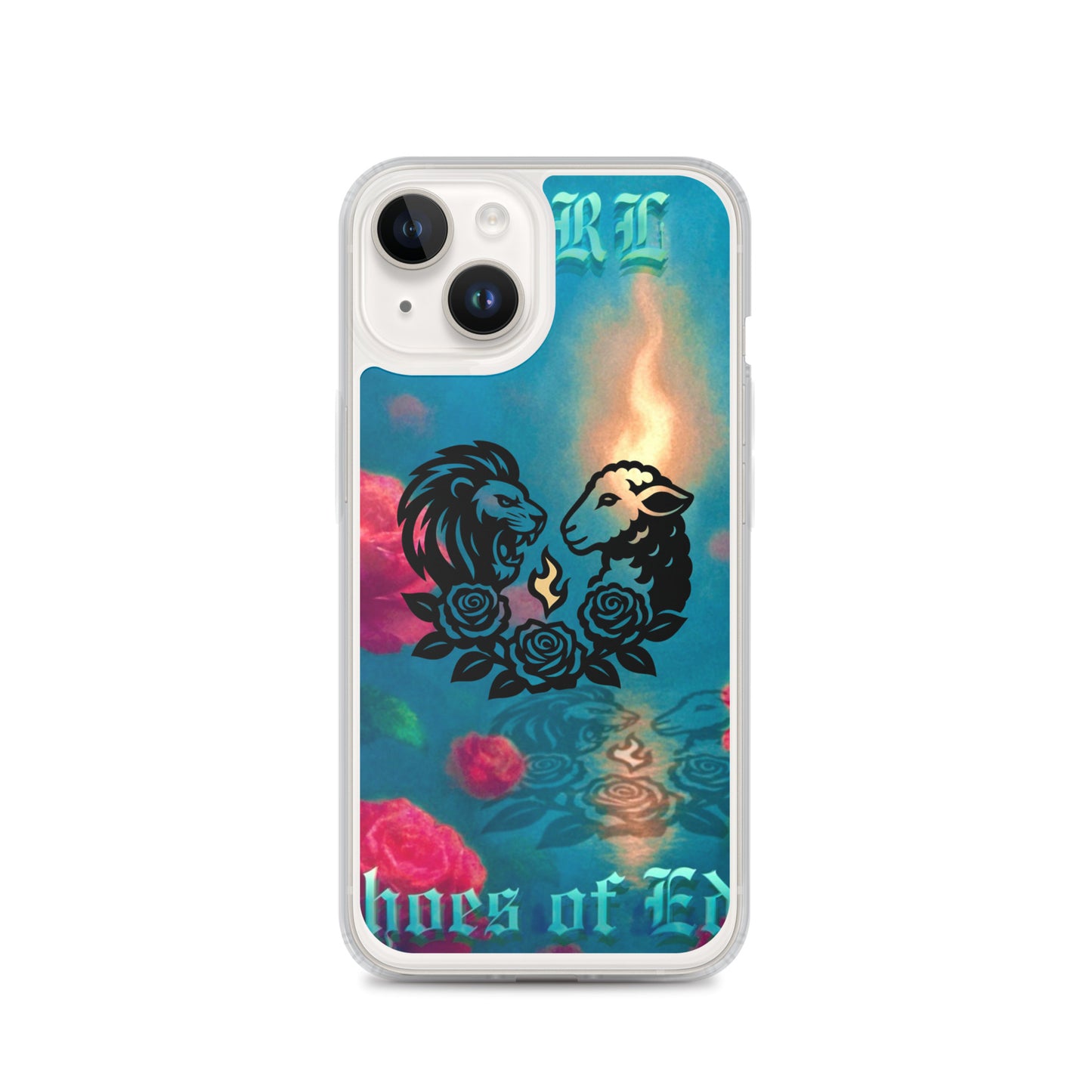 Phone case with lion and sheep design, colorful background, and text on a white background