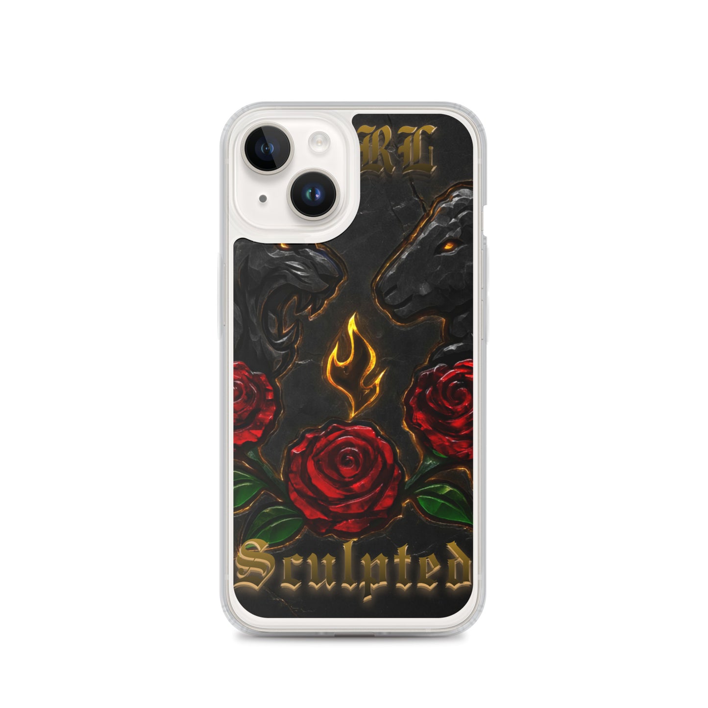 Phone case with roses, lamb, and 'Sculpted' text on a black background