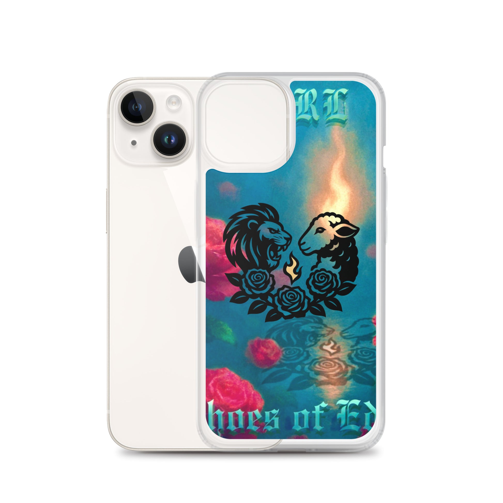 Phone case with lion and lamb design on a colorful background