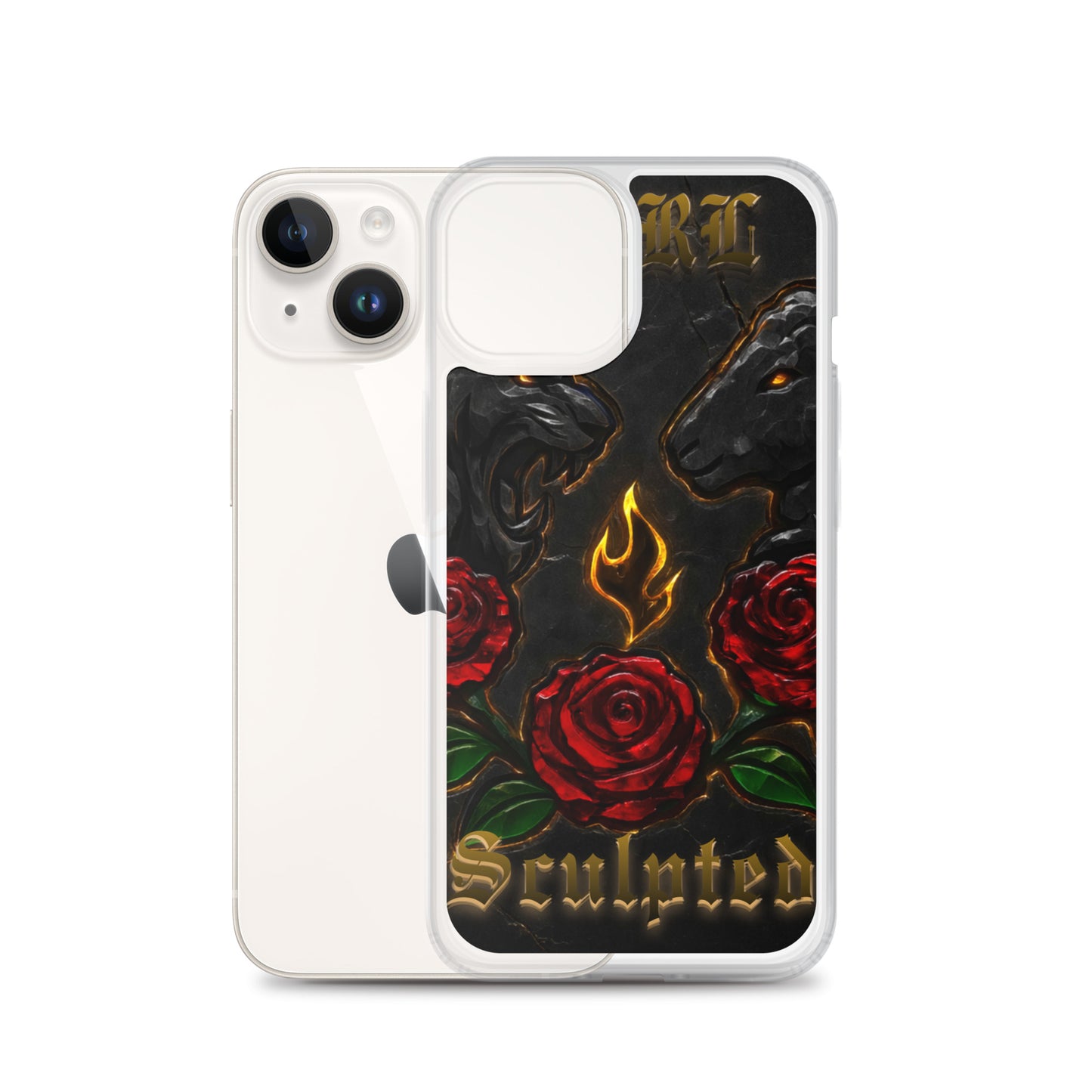 Phone case with red roses and flames design on a white background