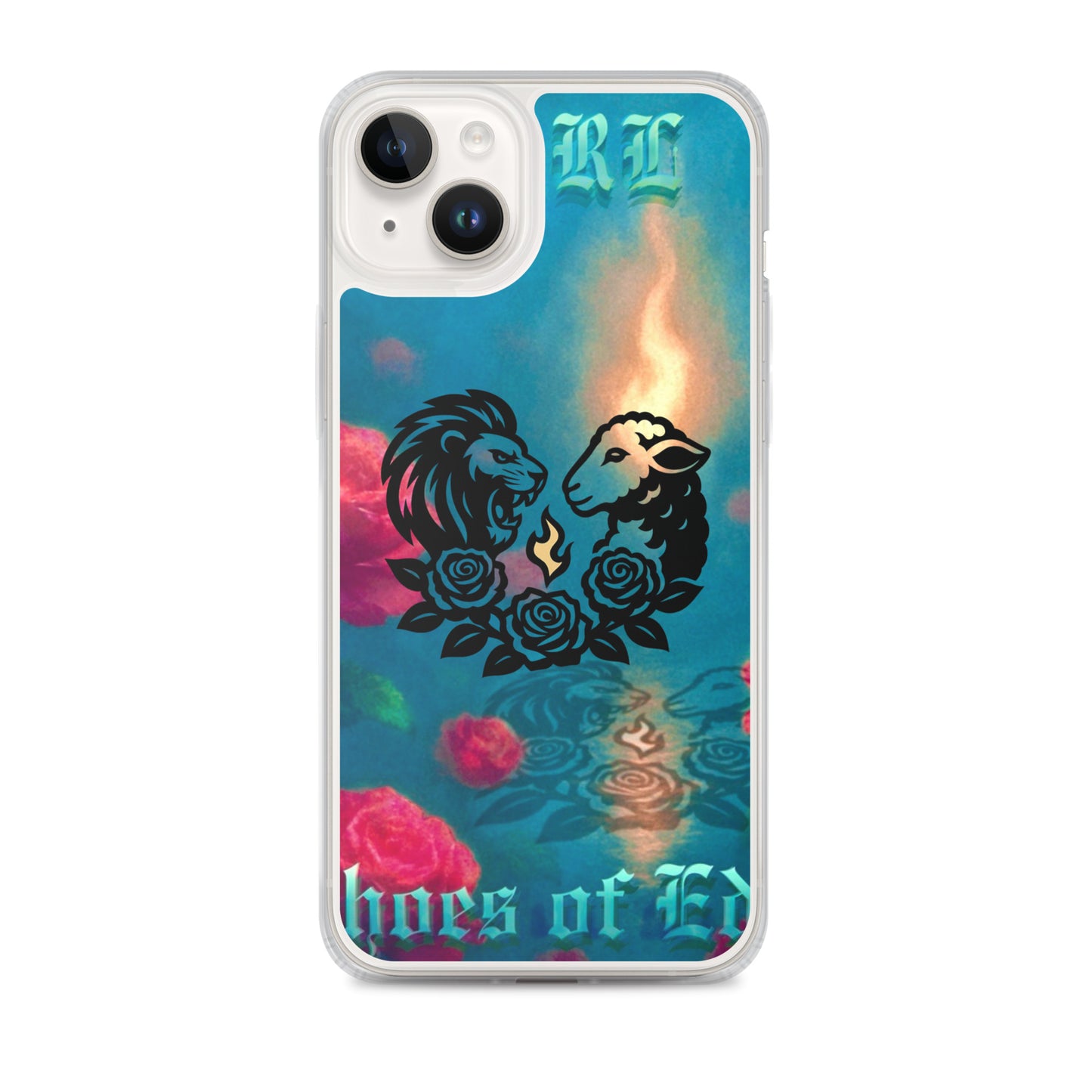 Phone case with lion and lamb design, roses, and 'Echoes Of Eden' text on a colorful background