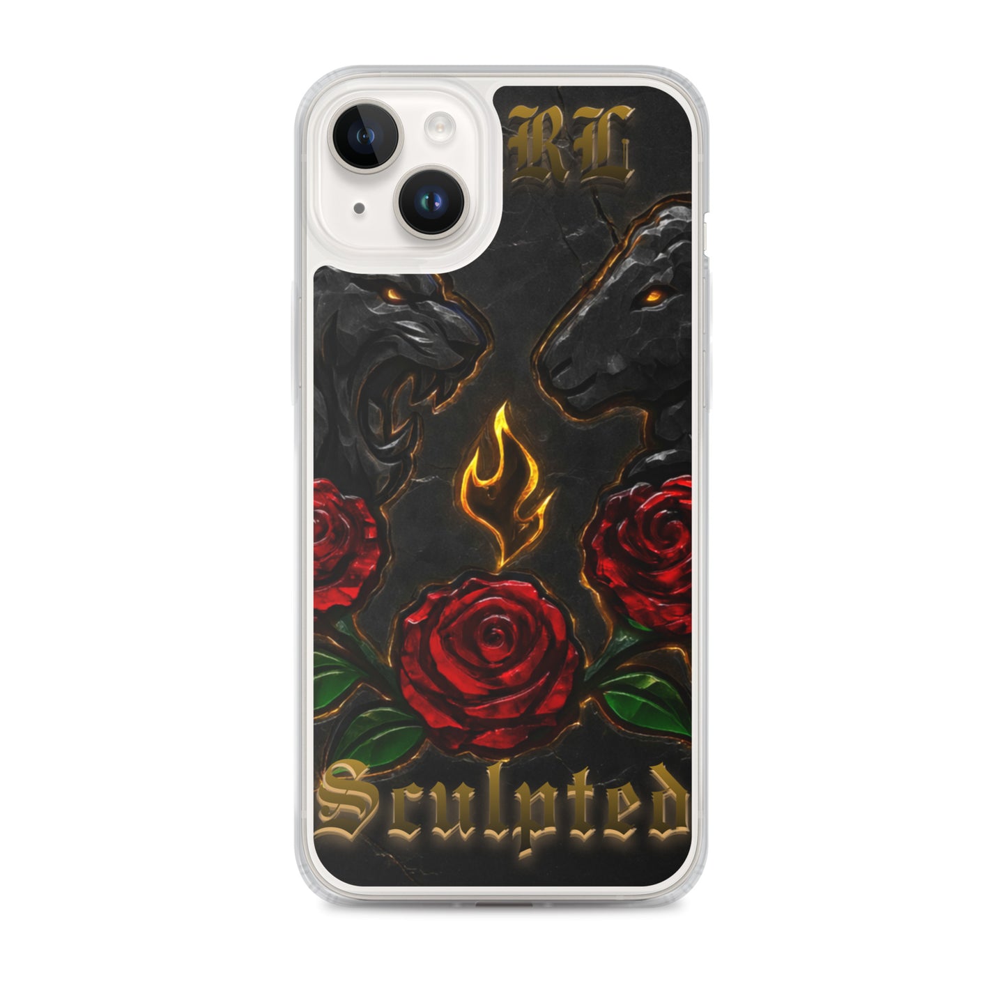 Phone case with lion/lamb, roses, and 'Sculpted' text on a black background