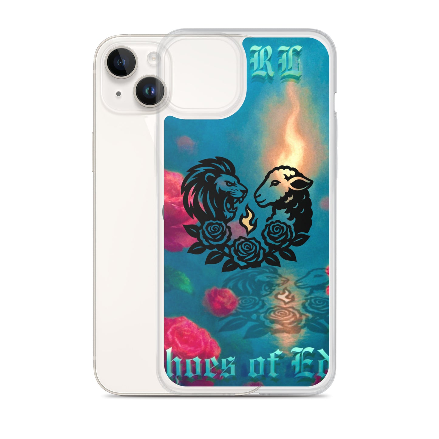 Phone case with lion and lamb design on a colorful background