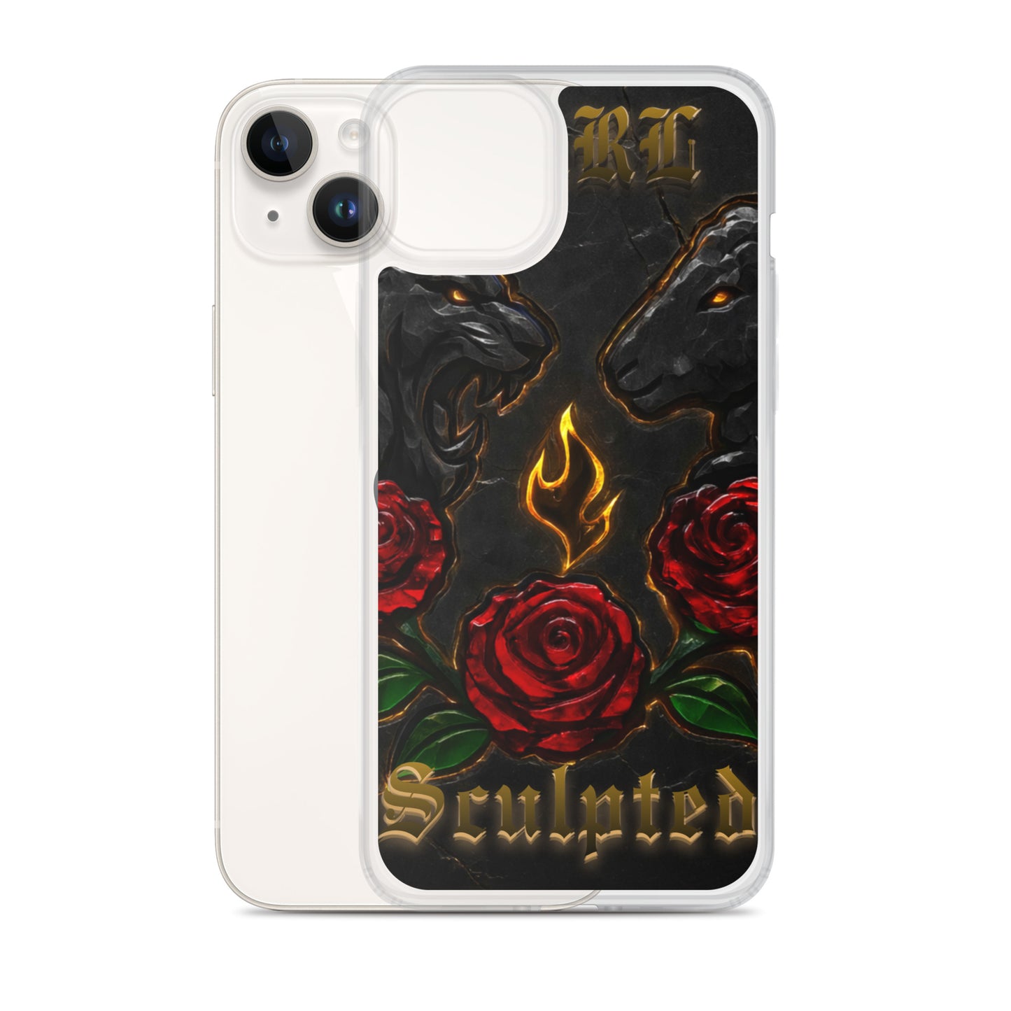 Phone case with roses, flames, and 'Sculpted' text on a black background