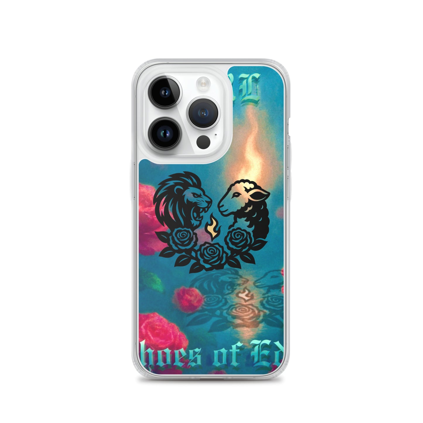 Phone case with lion and lamb design and 'Echoes OF Eden' text on a white background