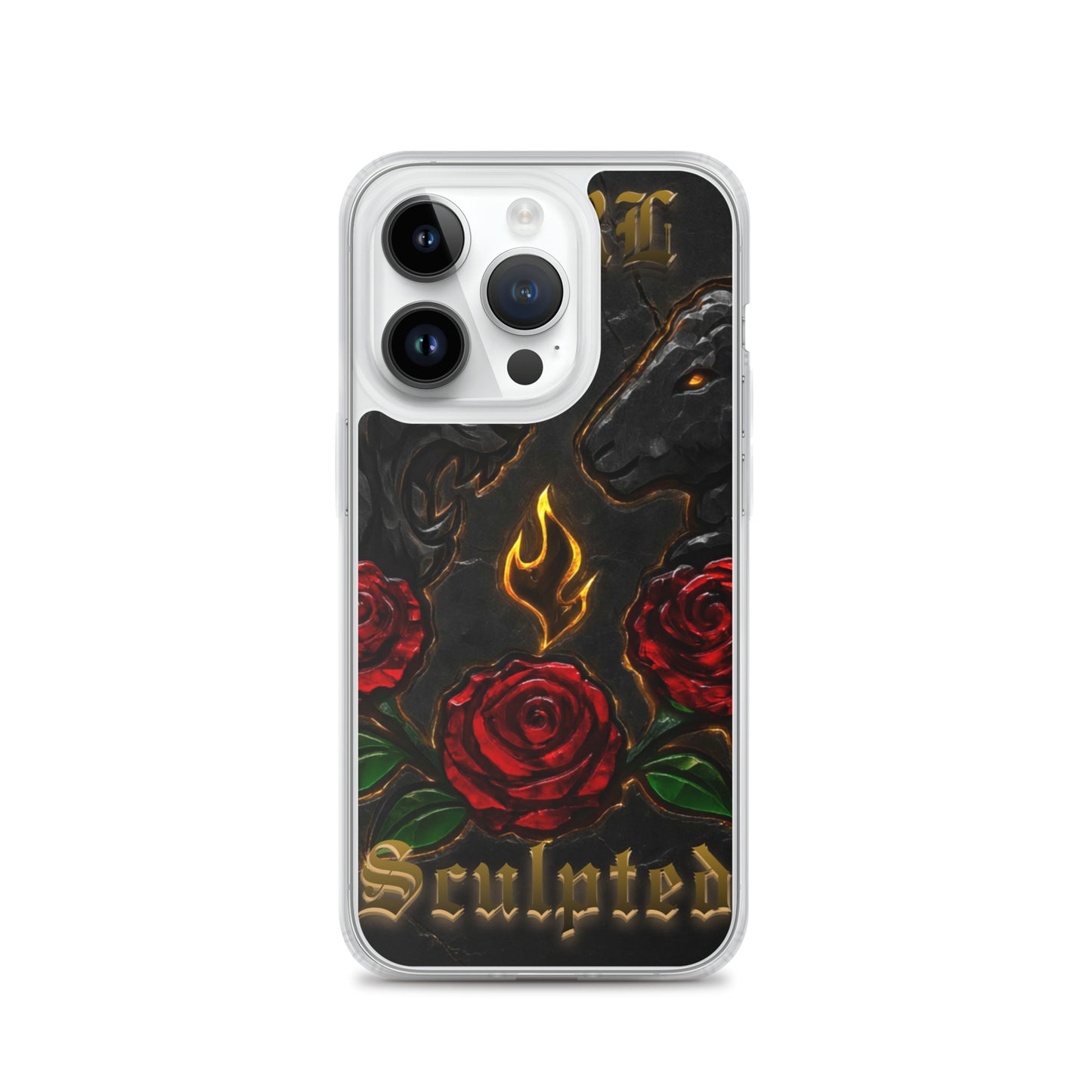 Phone case with red roses, flames, and 'Sculpted' text on a black background