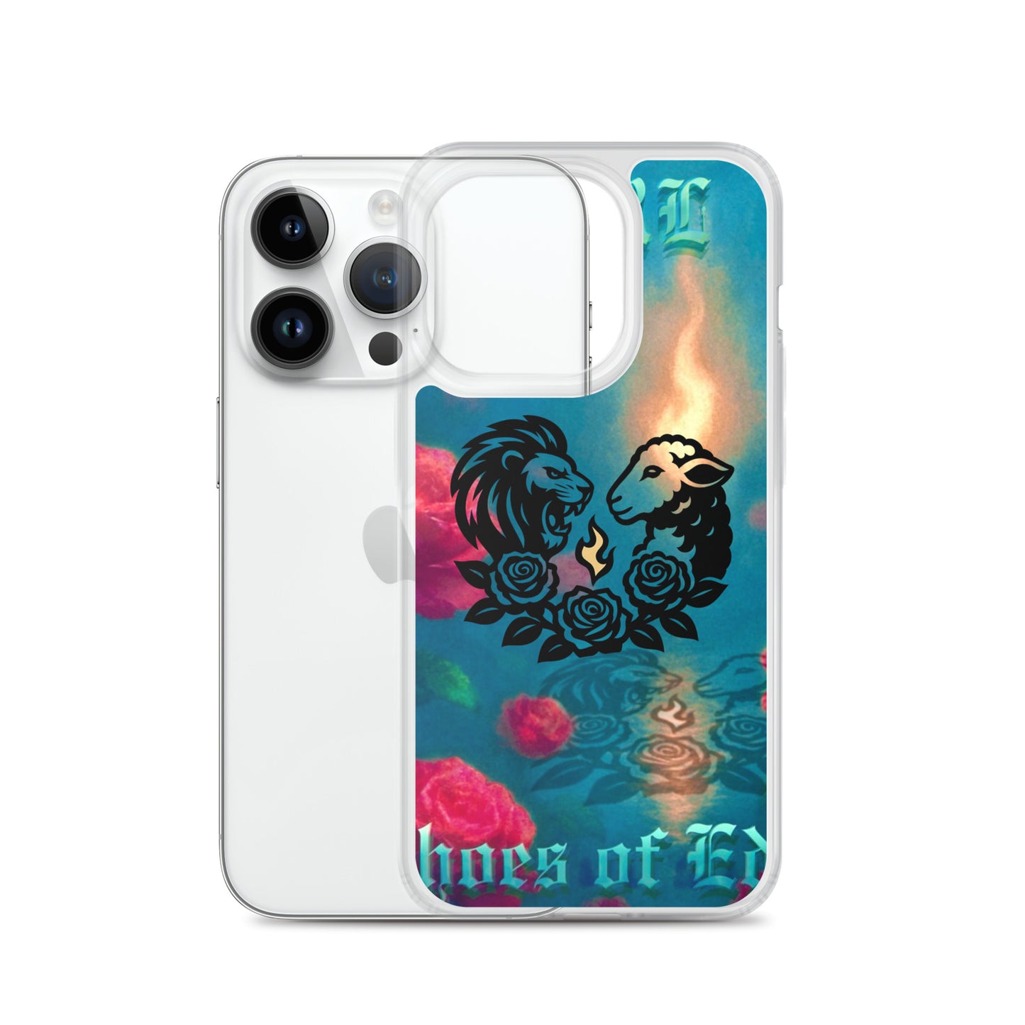 Phone case with lion design and colorful background on a white background