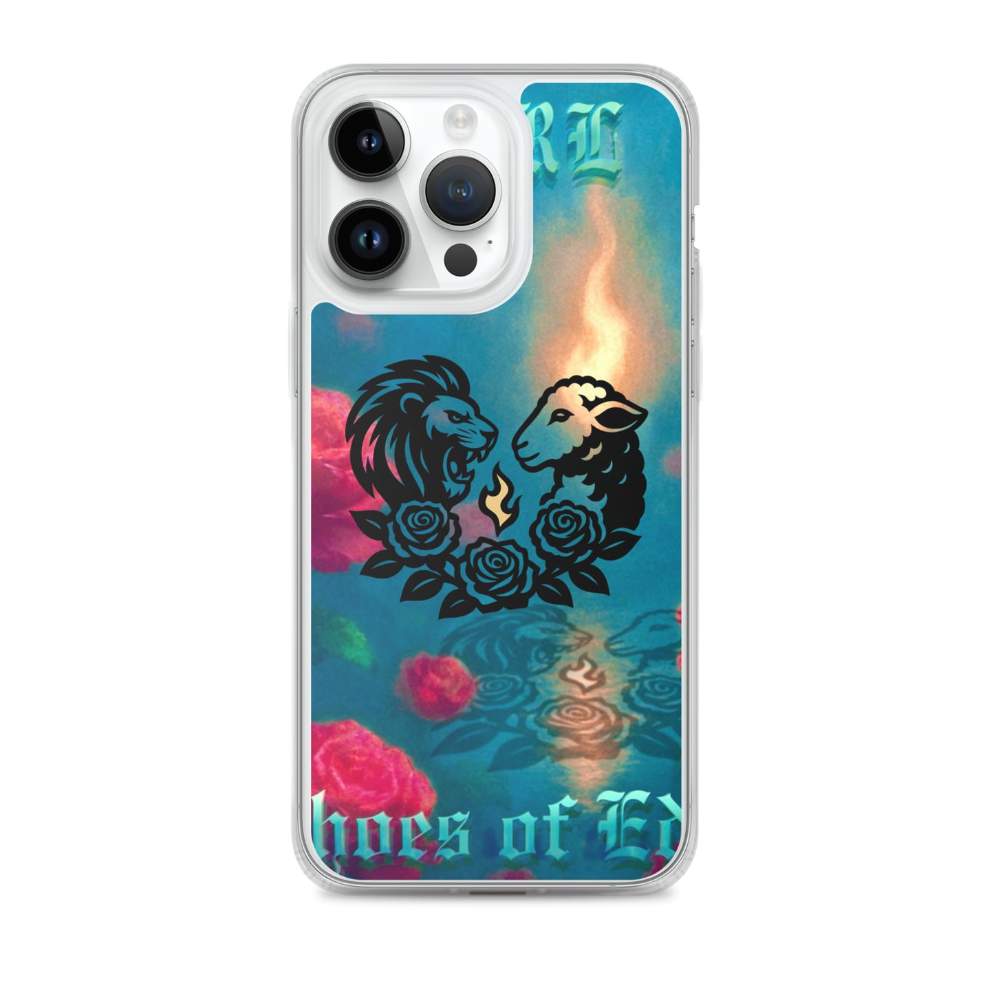 Phone case with lion and lamb design and colorful background