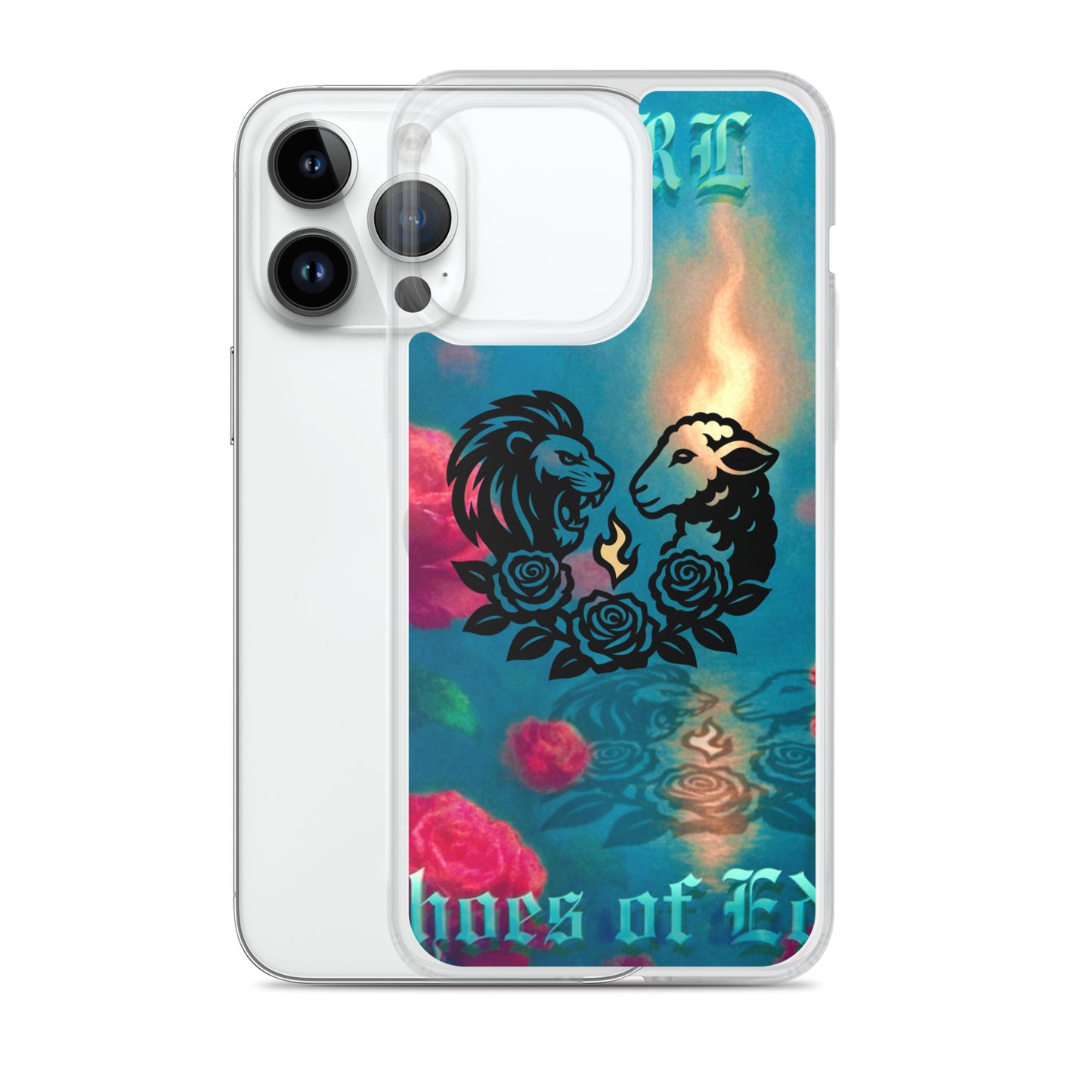 Phone case with lion design and colorful background on a white background