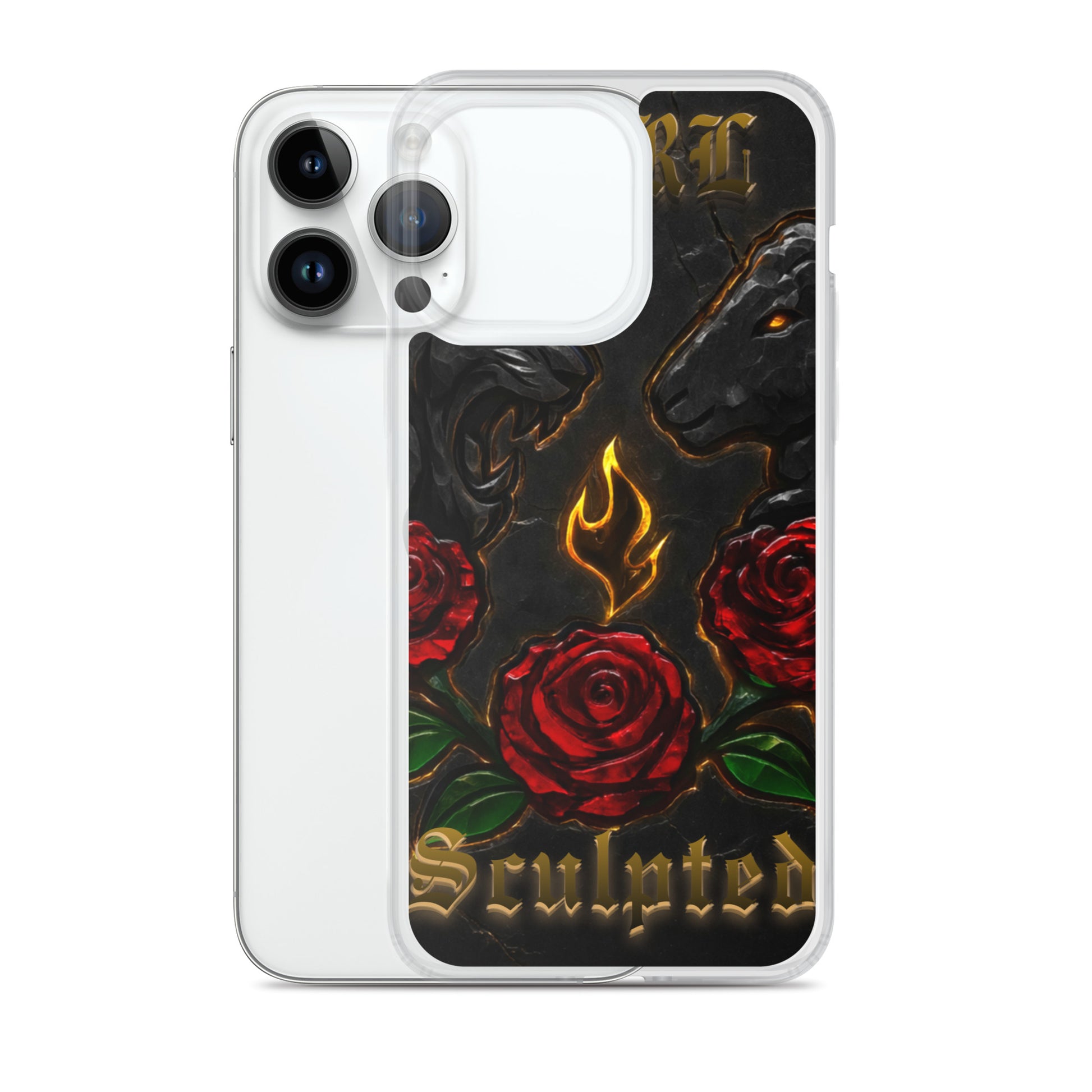 Phone case with roses and flames design on a white background