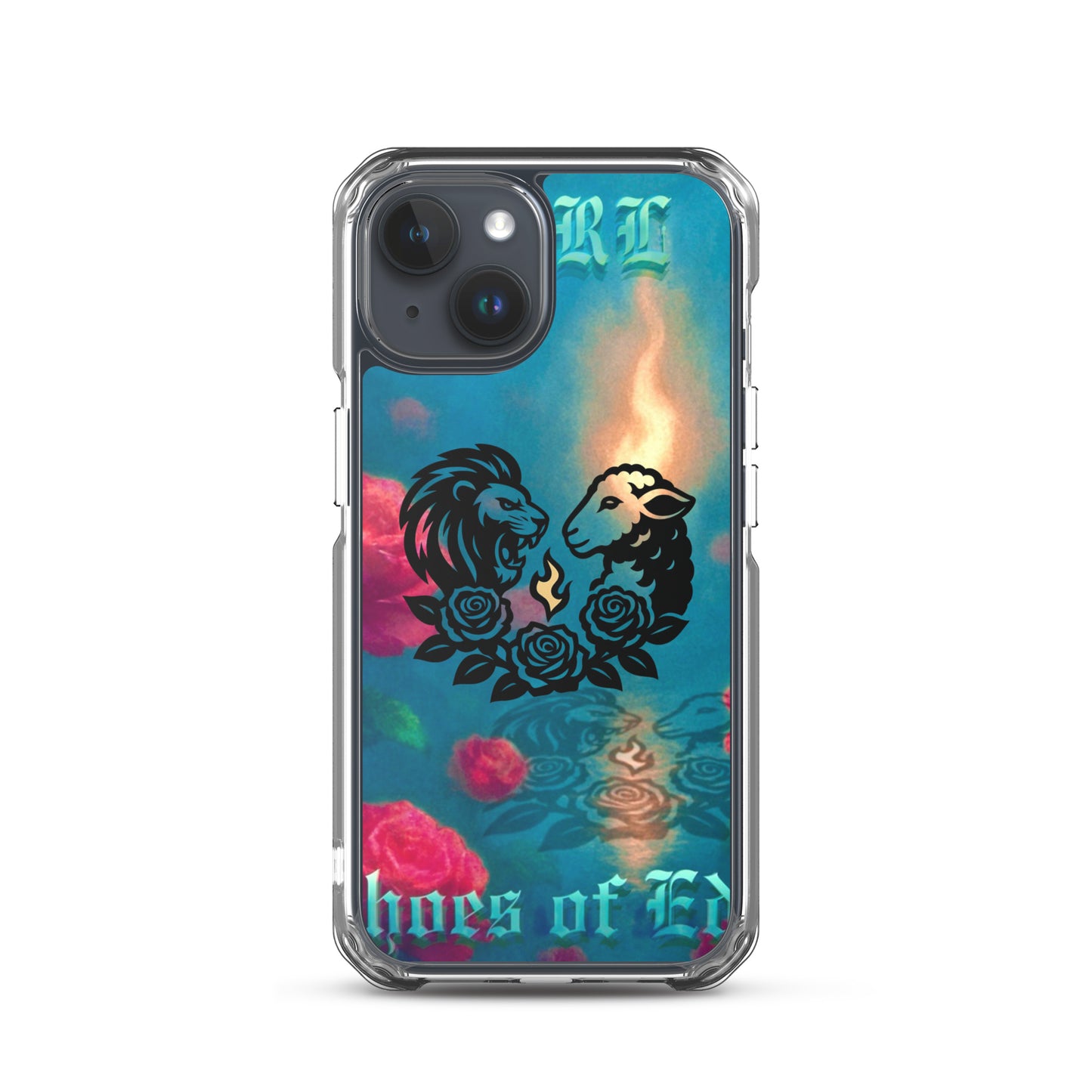 Phone case with lion and lamb design and 'Echoes Of Eden' text on a colorful background