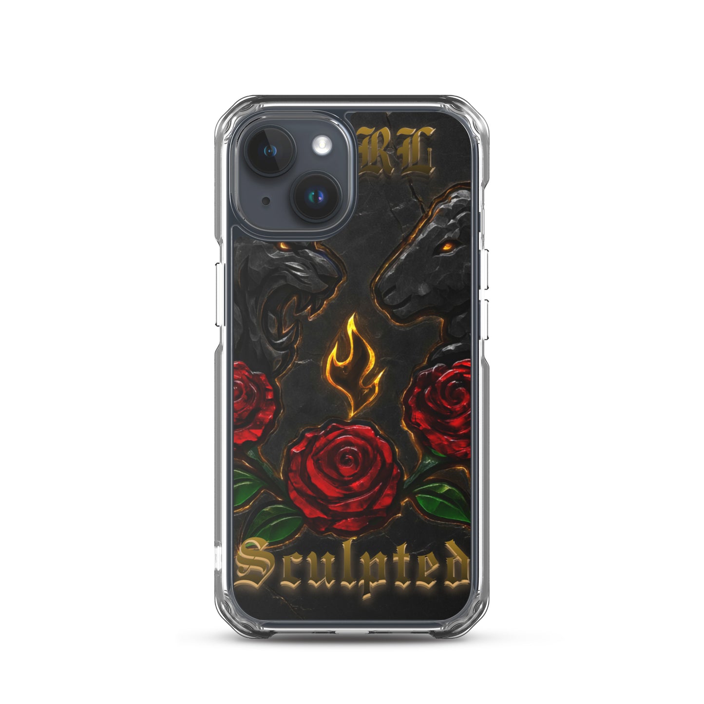 Phone case with roses, flames, and 'Sculpted' branding on a white background