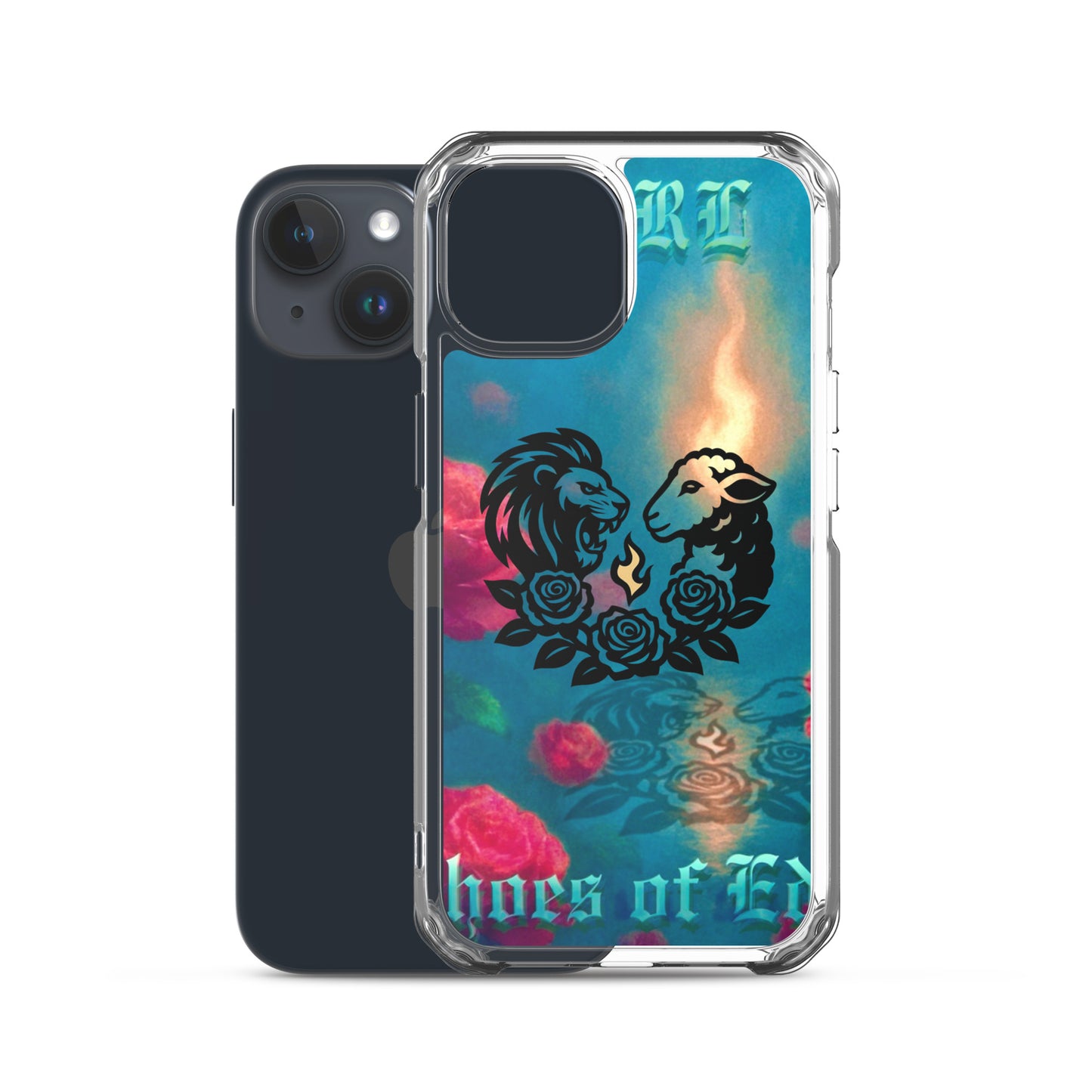 Phone case with lion design and colorful background on a white background