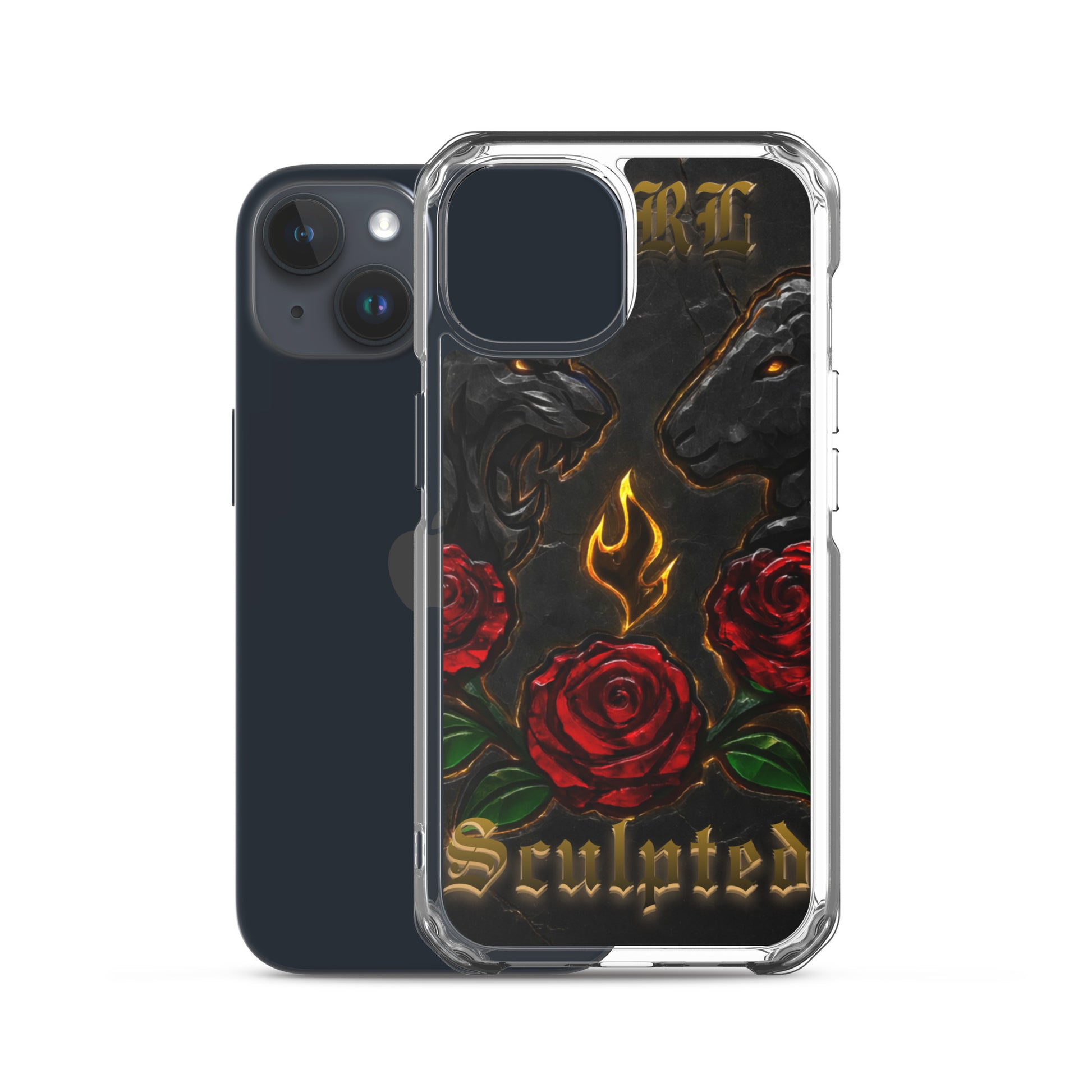 Phone case with roses and flame design on a white background