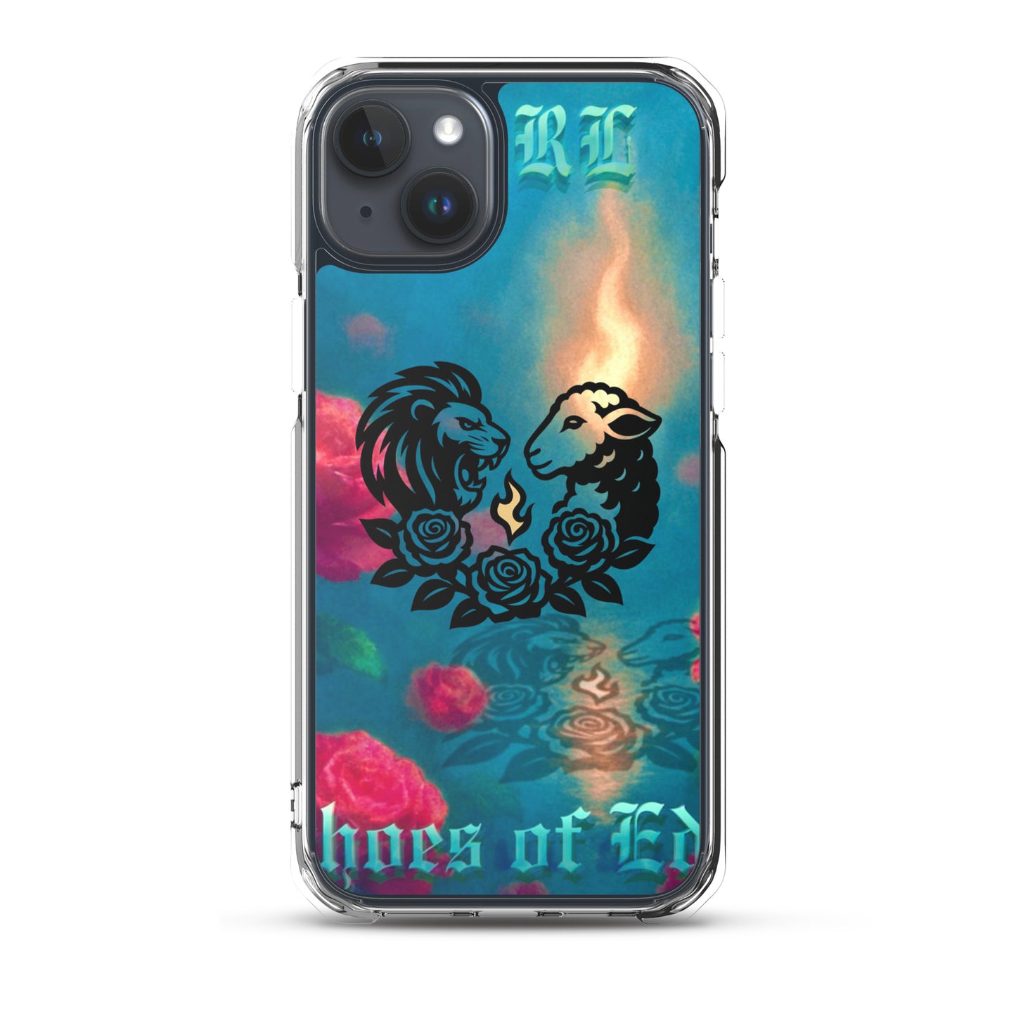 Phone case with lion and sheep design and colorful background on a white background