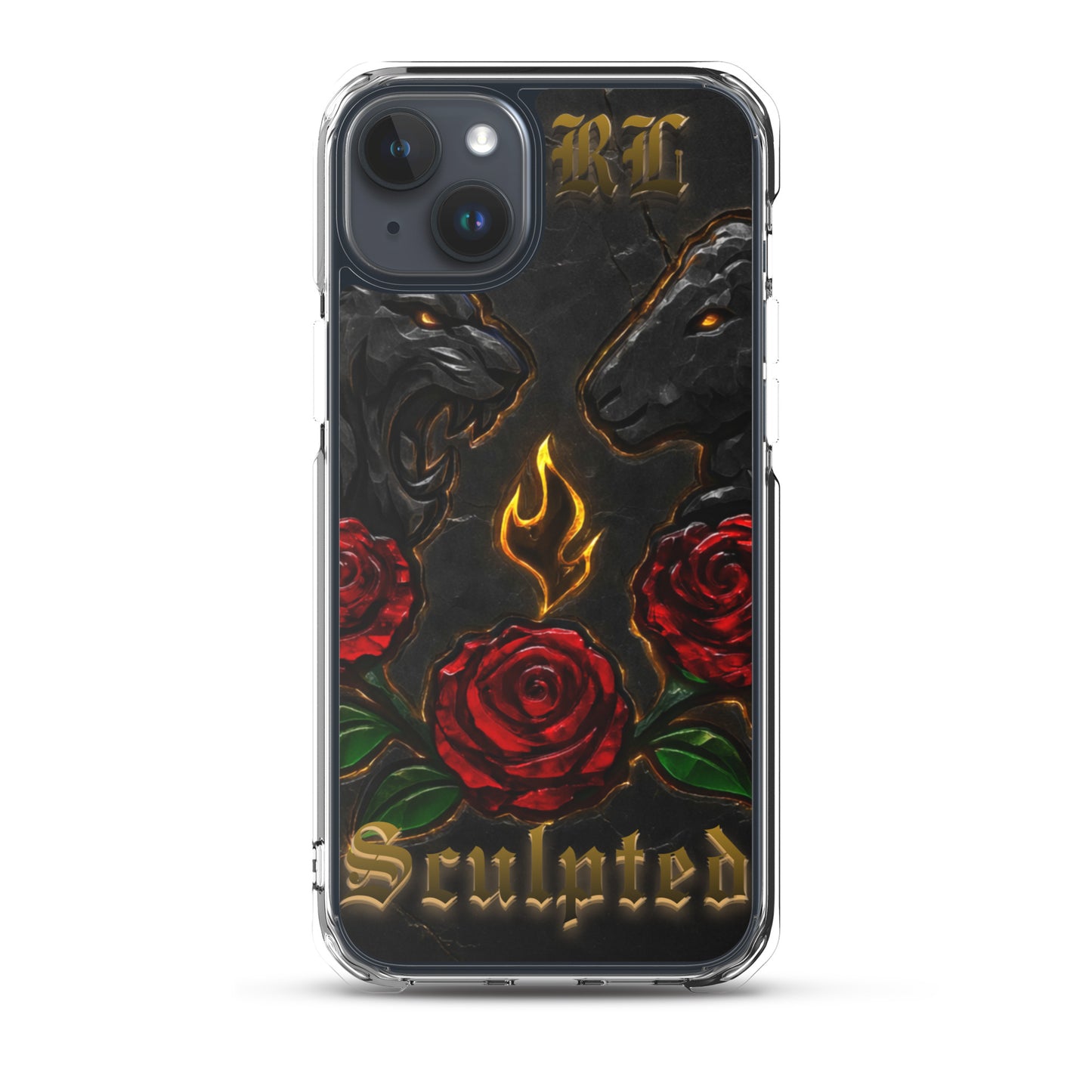 Phone case with black panther, red roses, and 'Sculpted' text on a white background