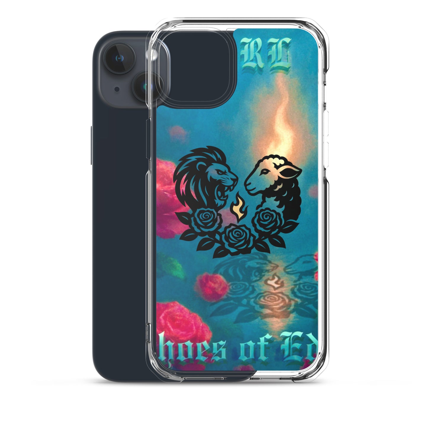 Phone case with lion design and colorful background on a white background