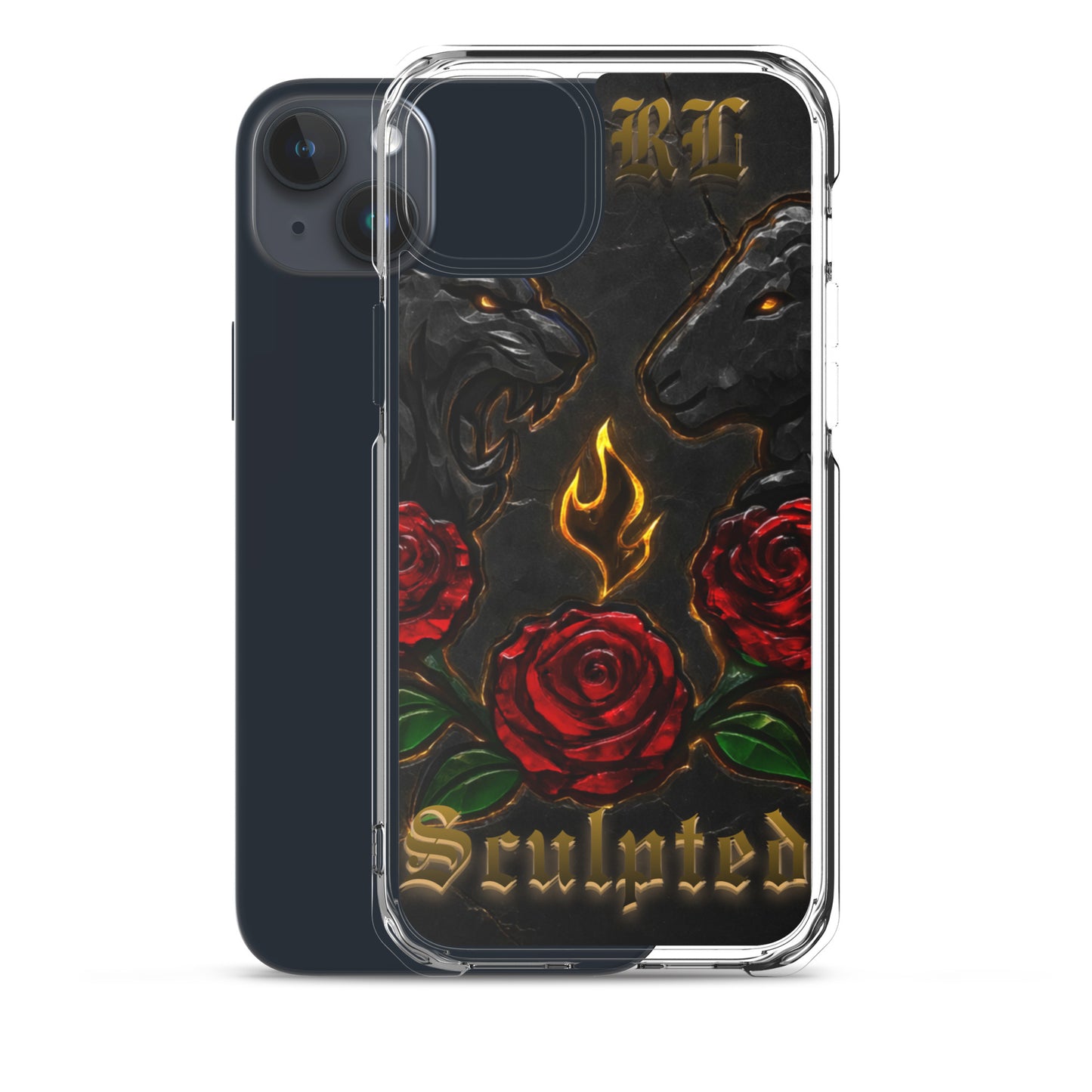 Phone case with roses, panther design, and 'Sculpted' text on a black background