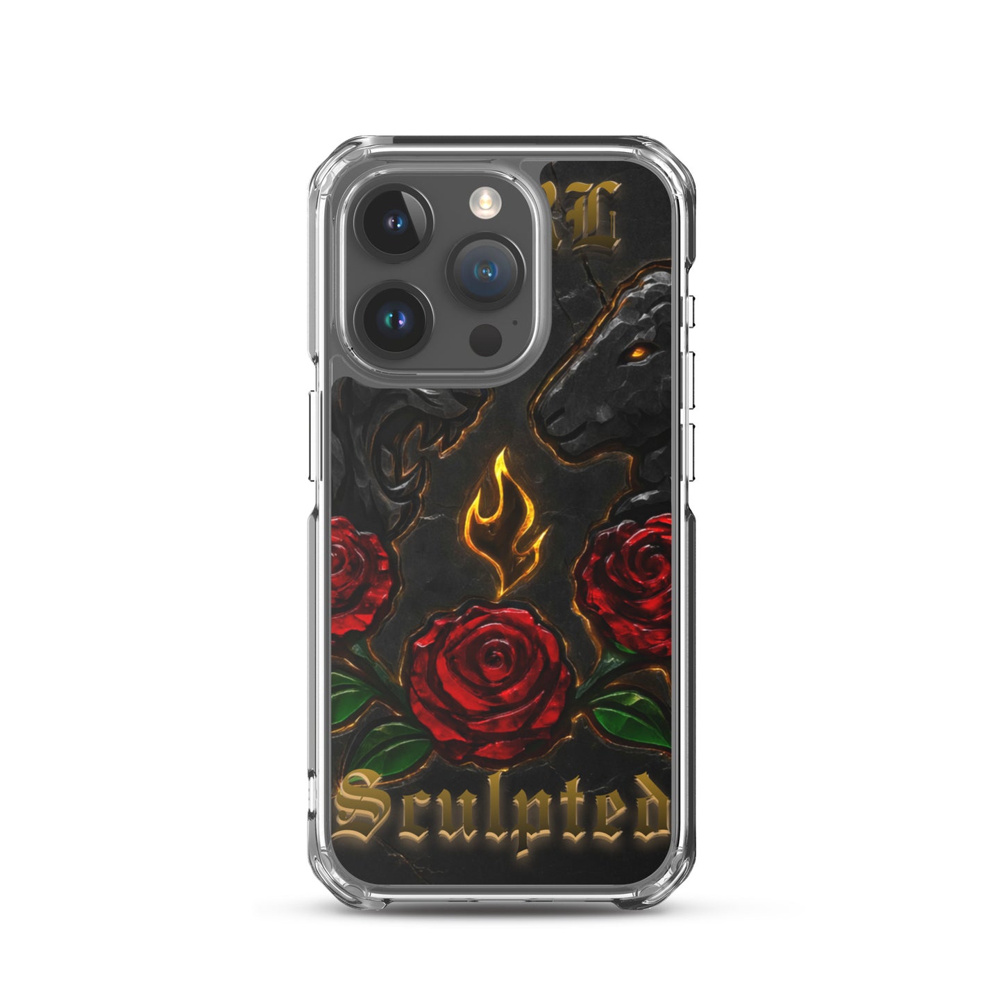 Phone case with roses and flame design on a white background