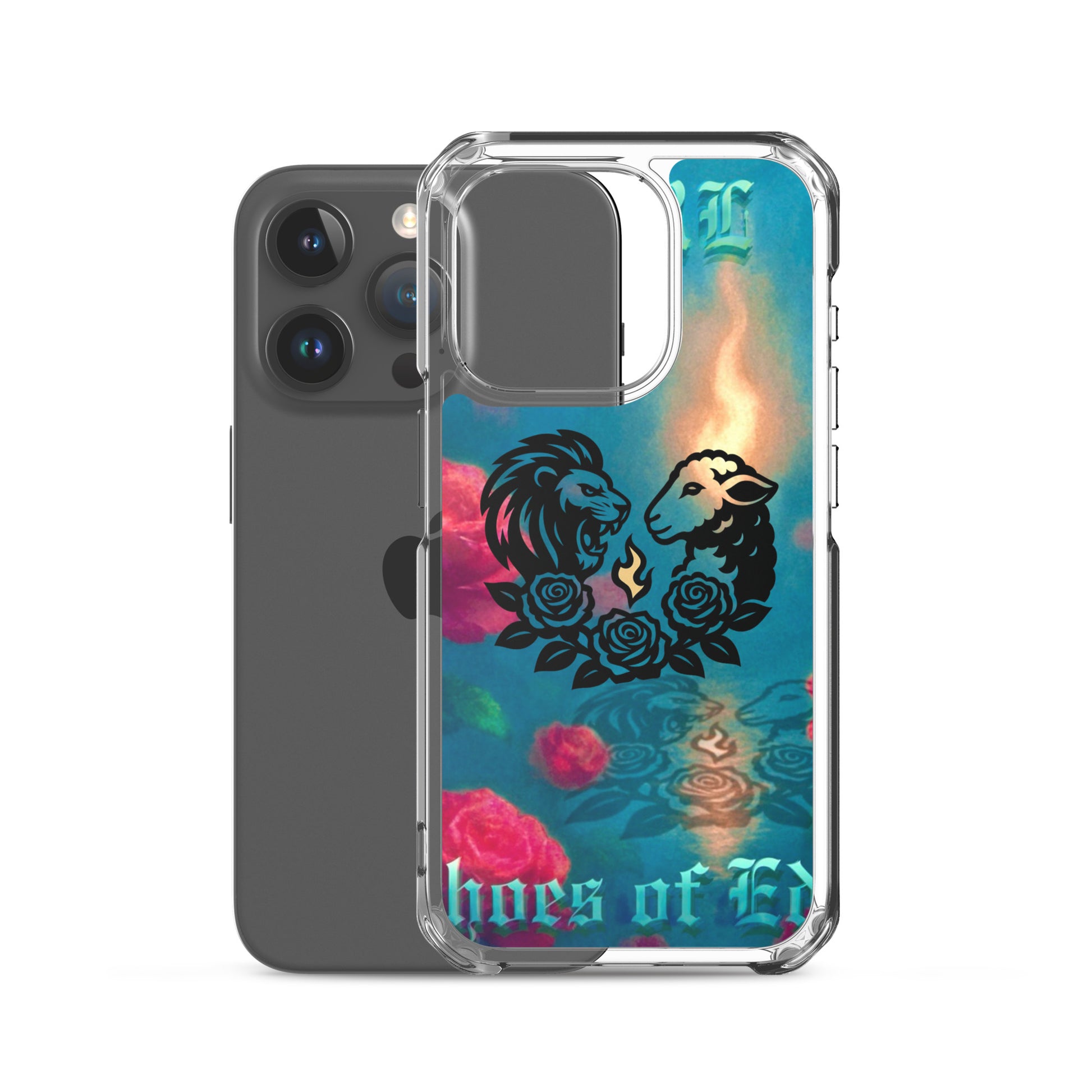 Phone case with lion design and colorful background on a white background