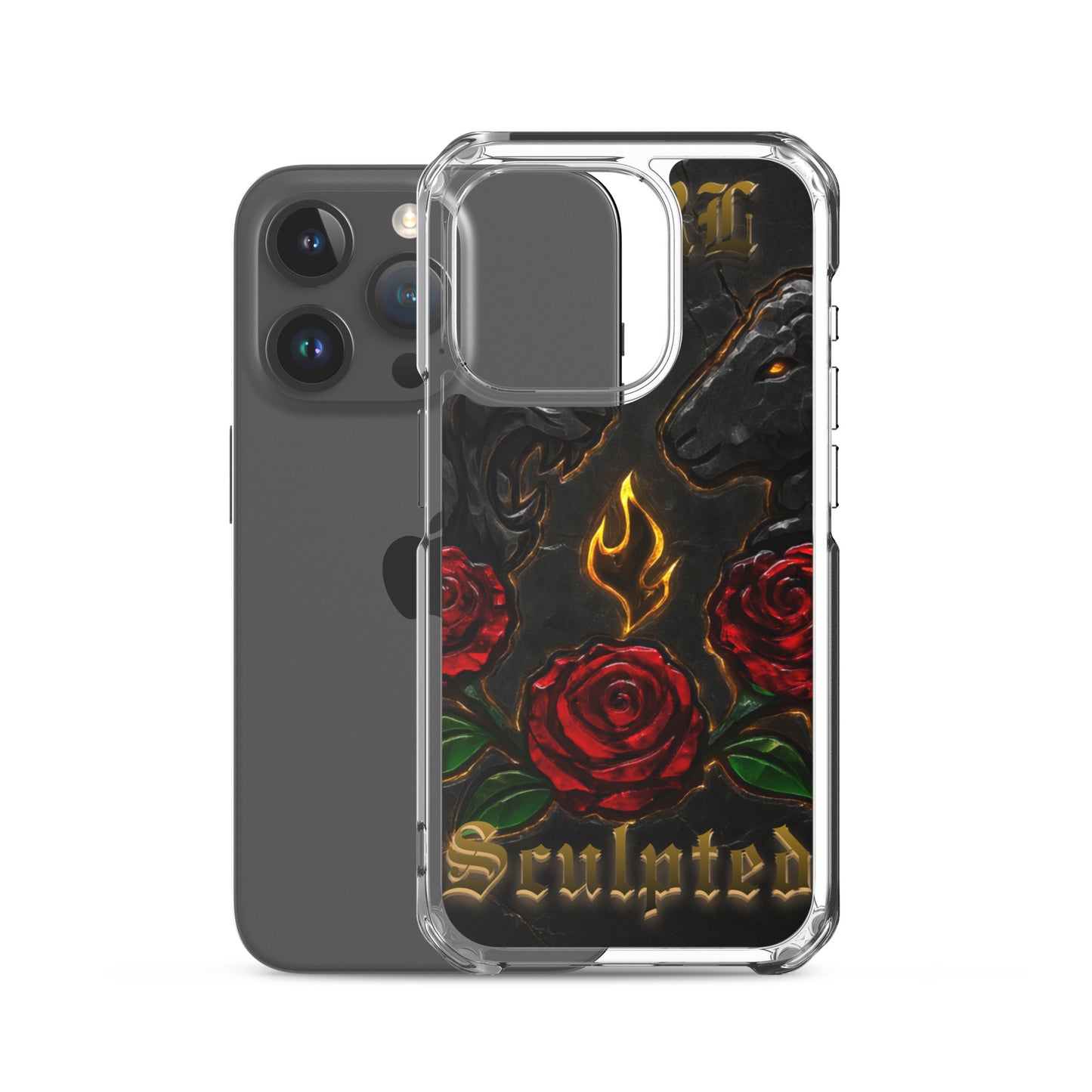 Phone case with red roses and 'Sculpted' text on a black background