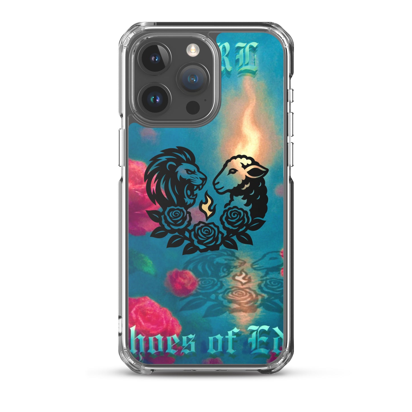 Phone case with lion and lamb design on a colorful background