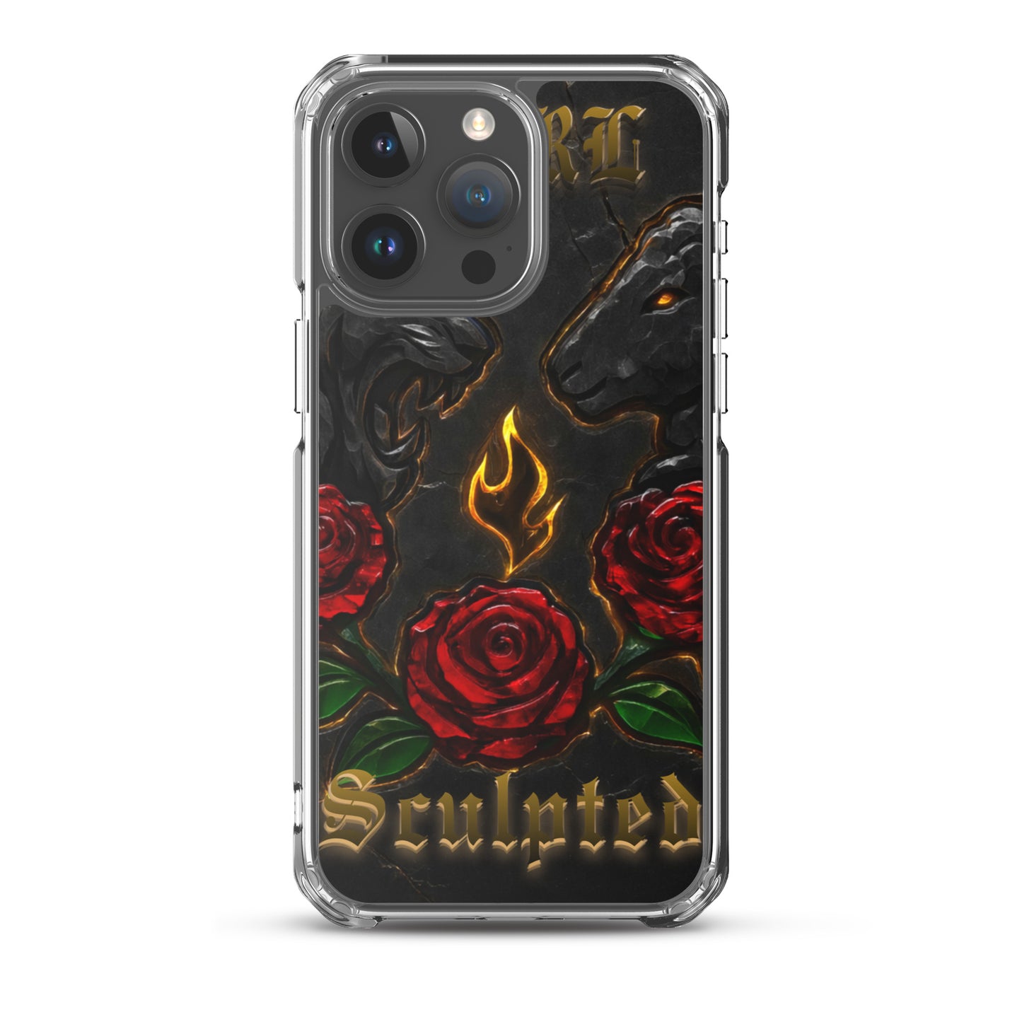 Phone case with roses, flames, and 'Sculpted' text on a black background