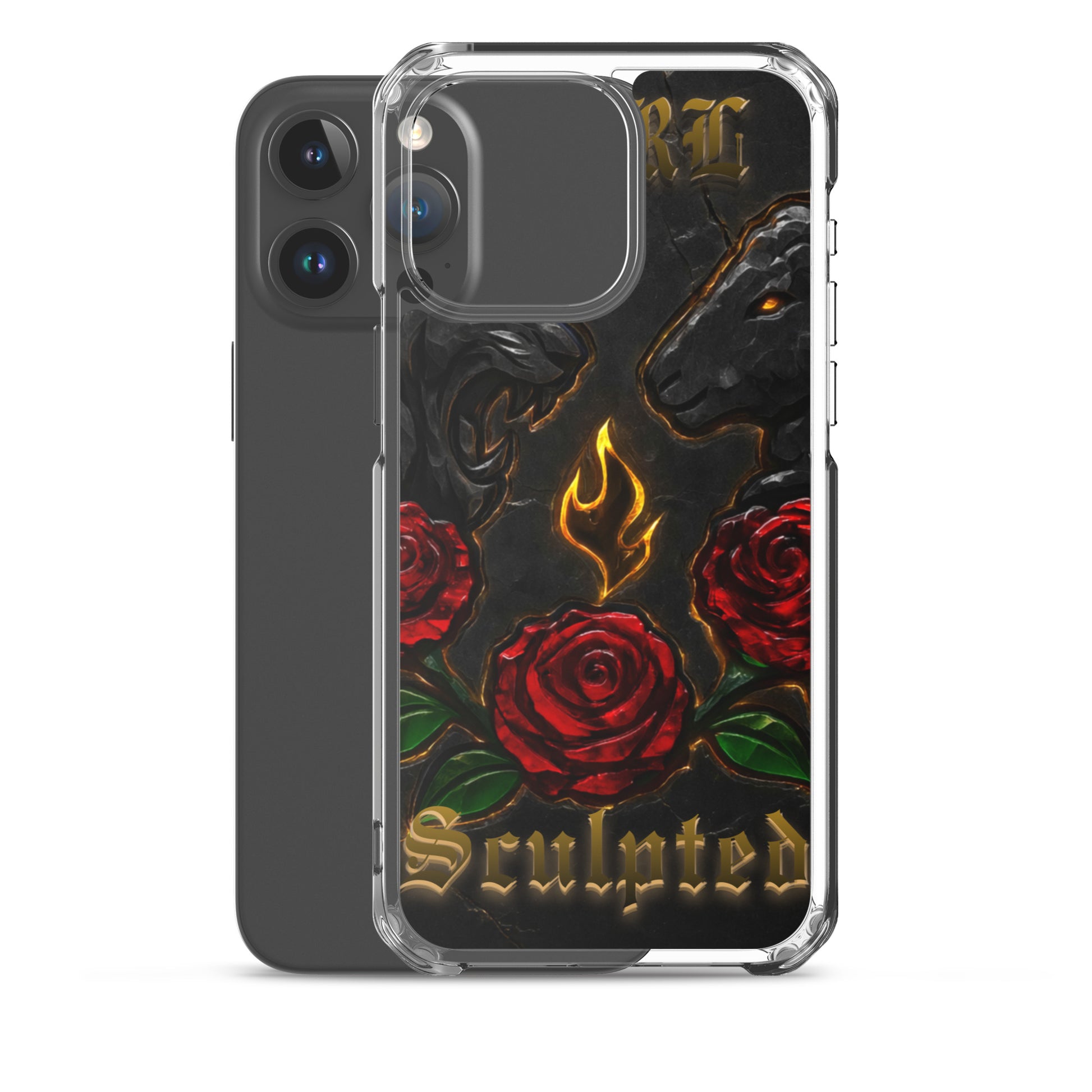 Phone case with roses, flames, and 'Sculpted' text on a black background