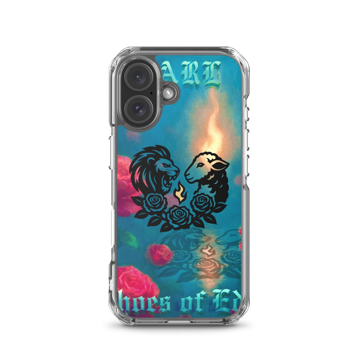 iPhone case with lion and lamb design on a colorful background