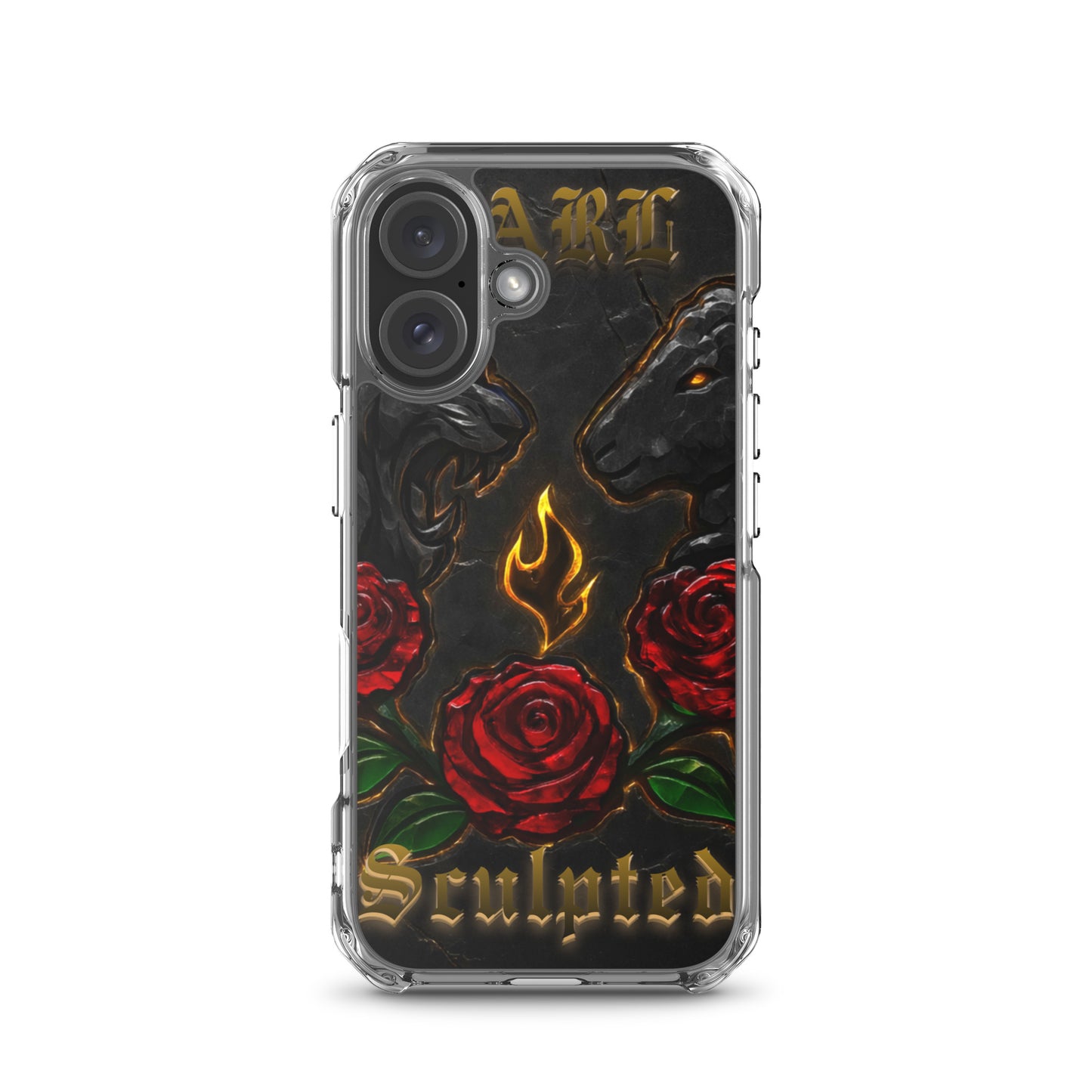 Phone case with red roses, flames, and 'Sculpted' text on a black background