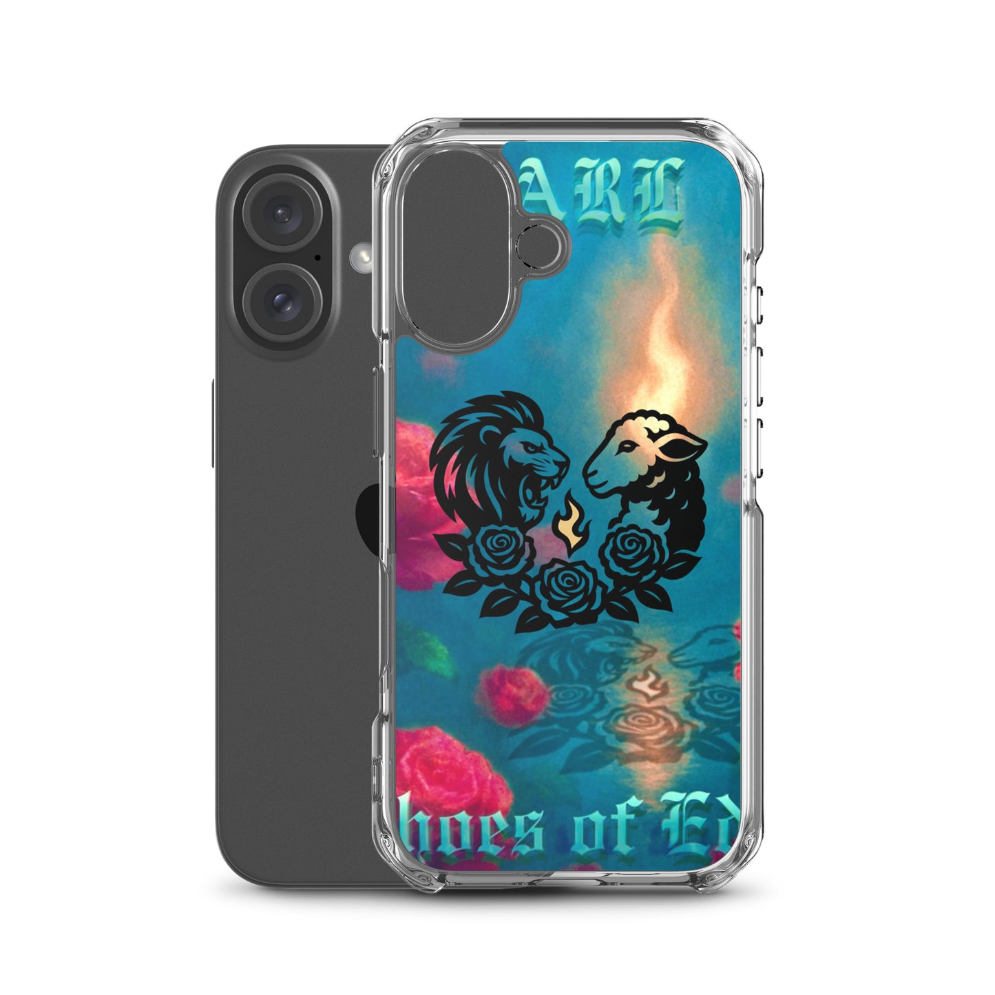 Phone case with colorful design featuring two animals and flowers on a white background