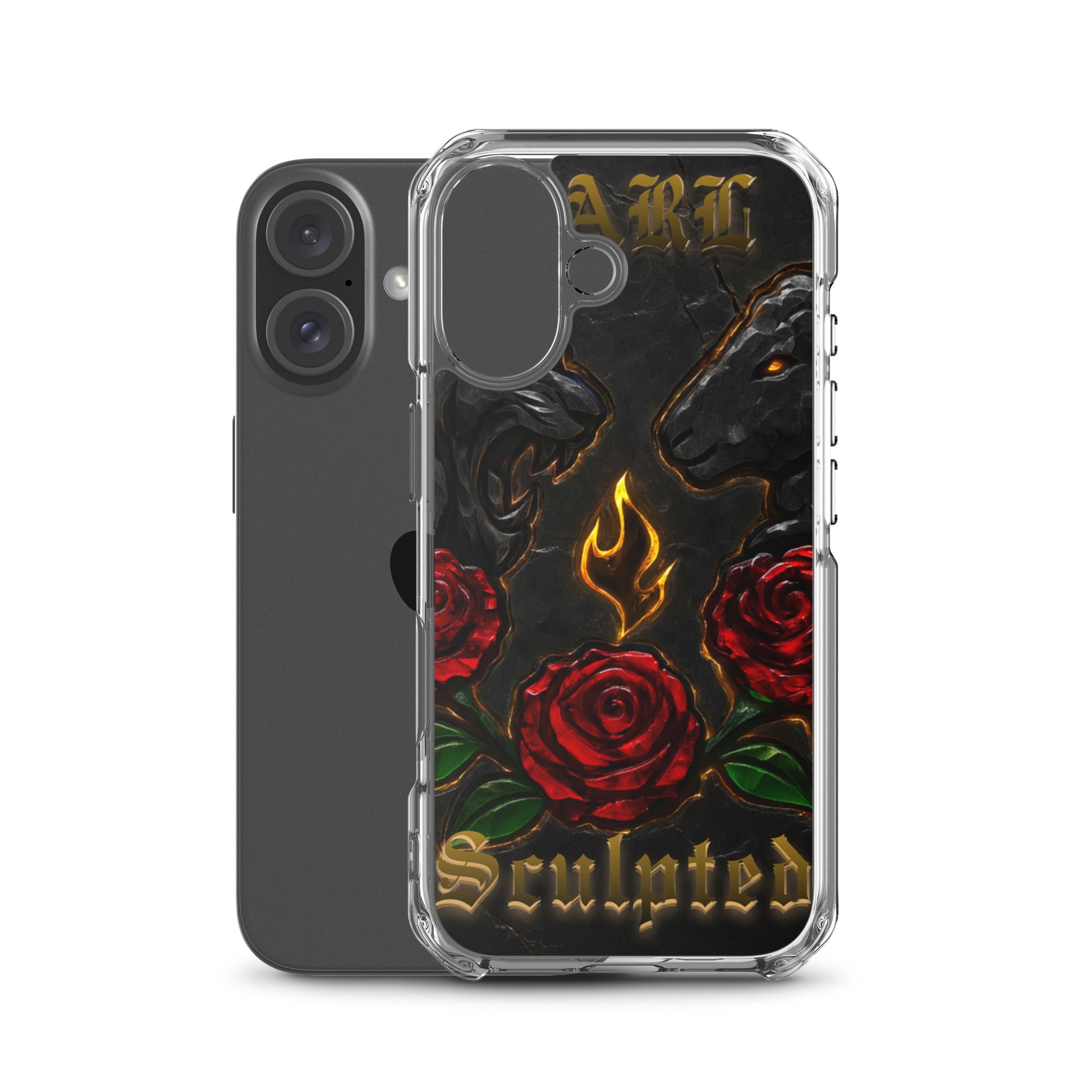 Phone case with roses, flames, and 'Sculpted' text on a black background