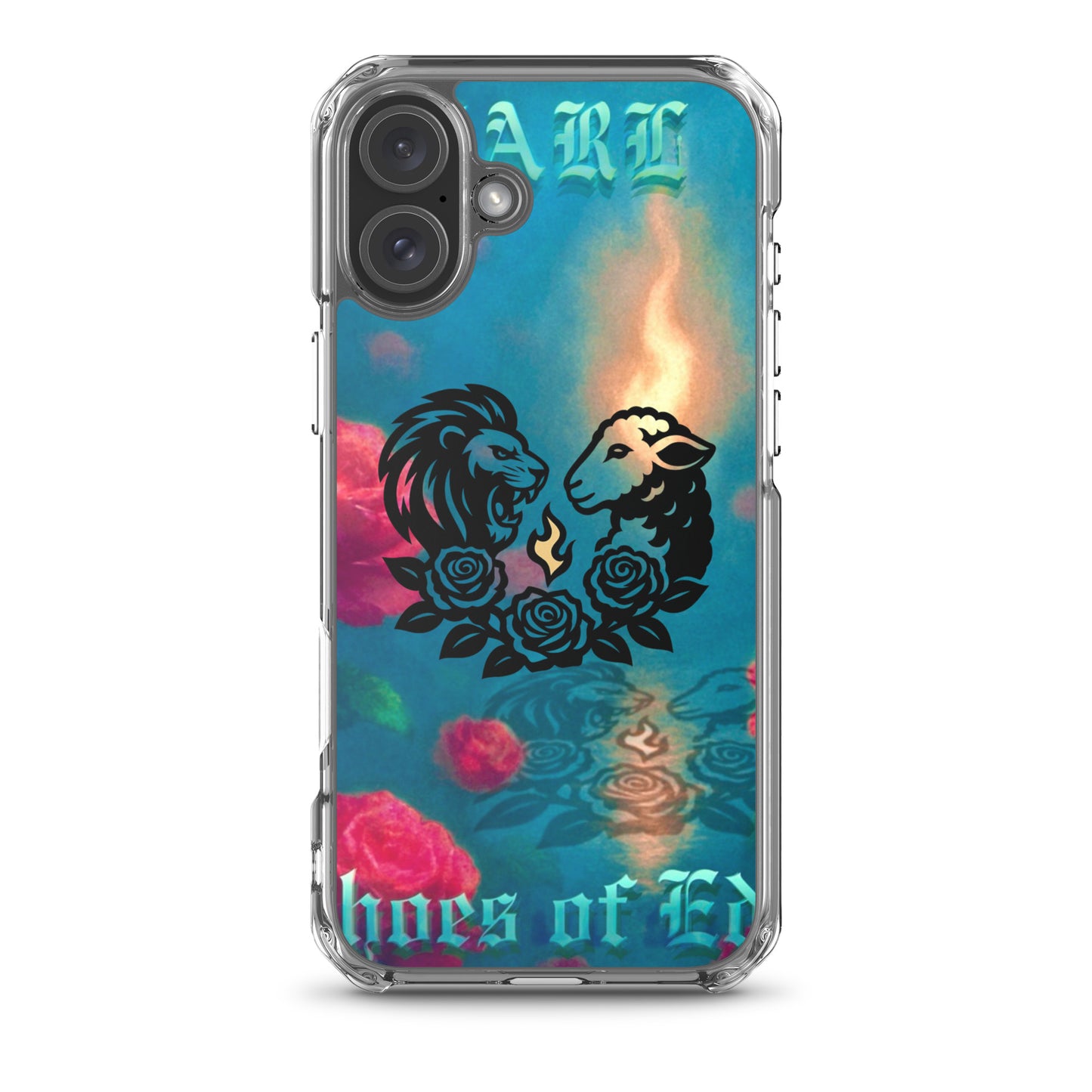 Phone case with lion and lamb design and colorful background
