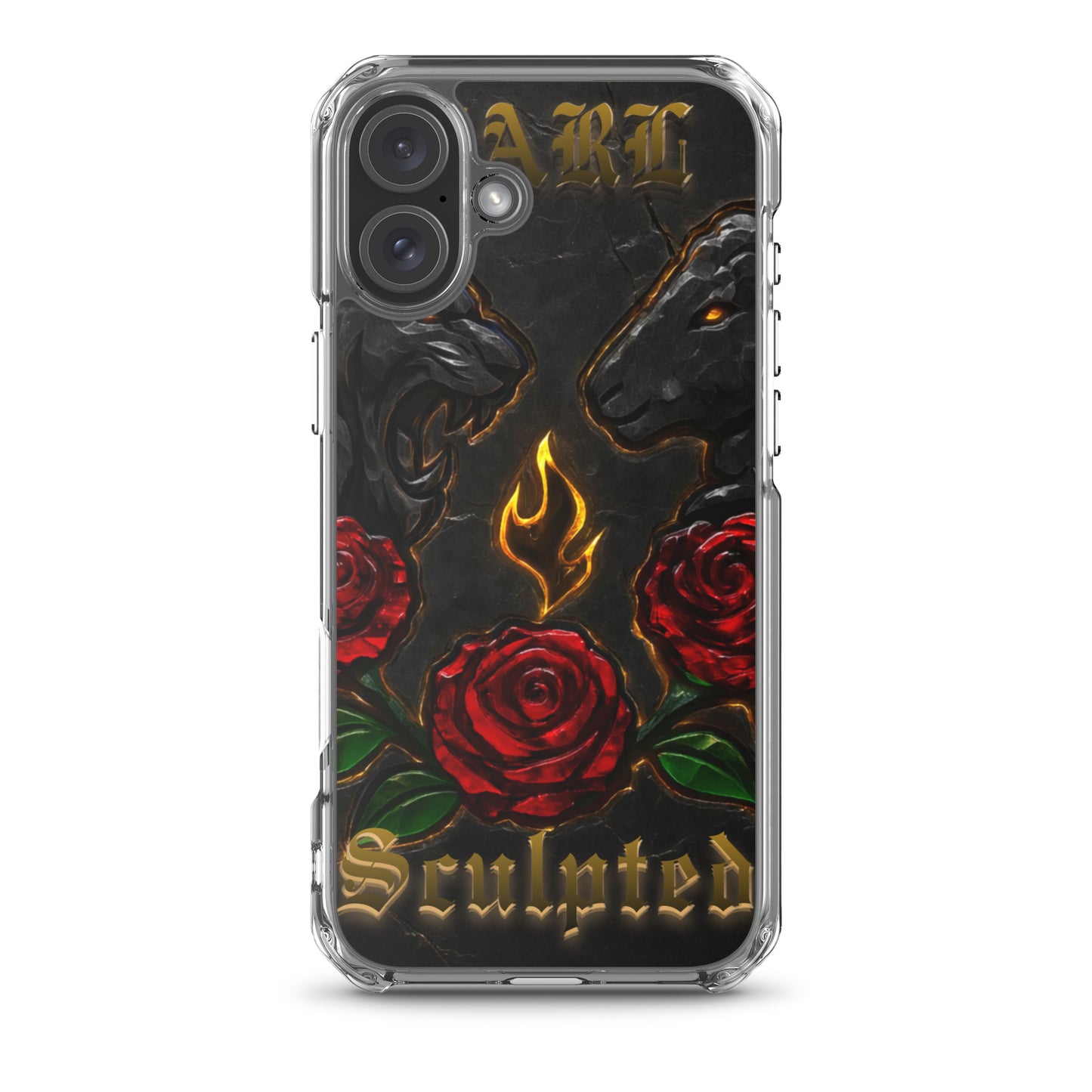 Phone case with lion and lamb design and rose design on a white background