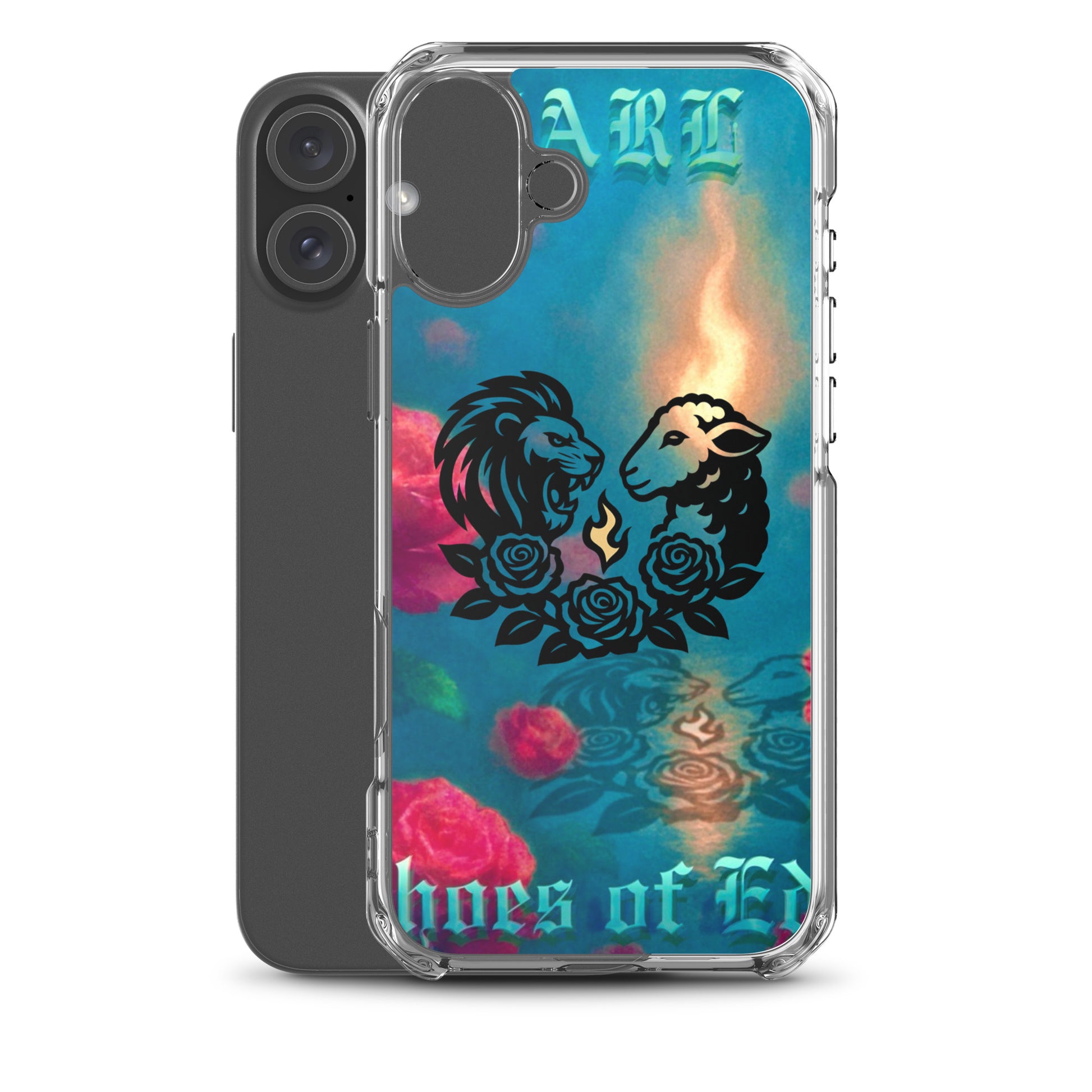 Phone case with lion design and colorful background on a white background