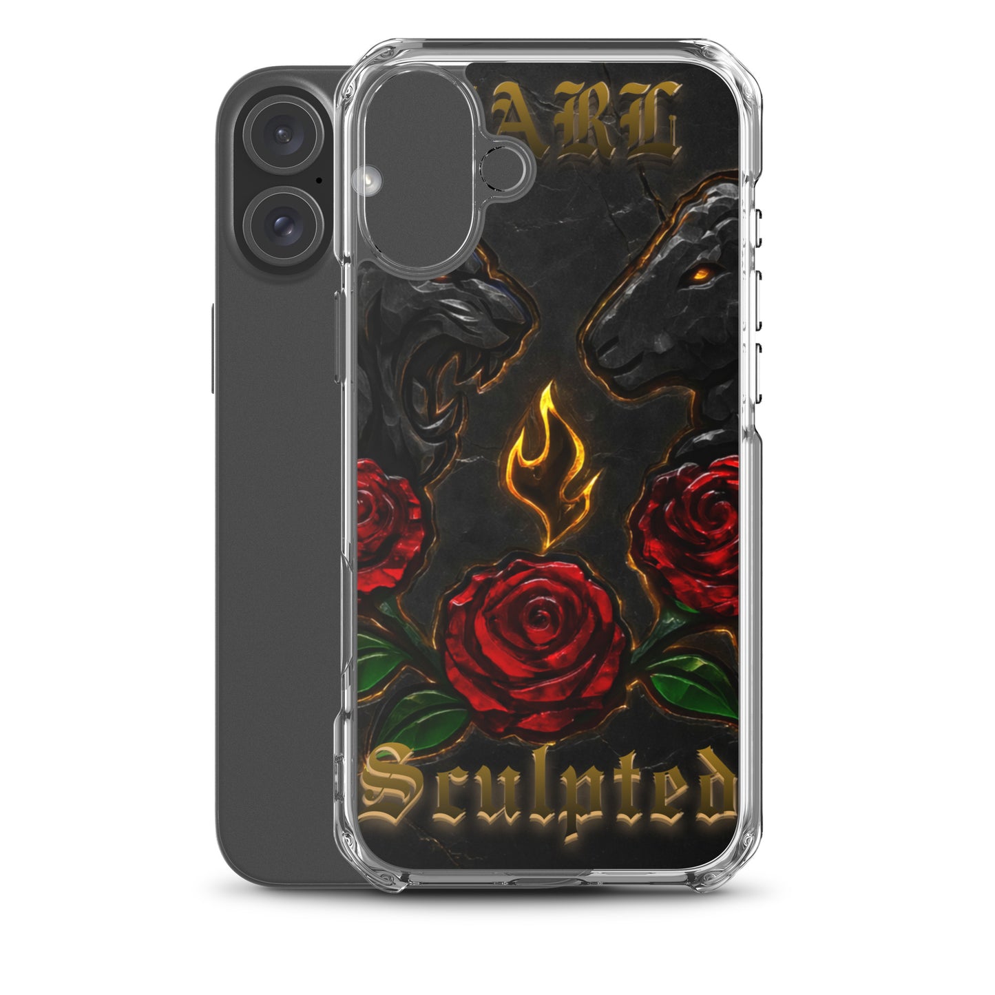 Phone case with roses, flames, and 'Sculpted' text on a black background