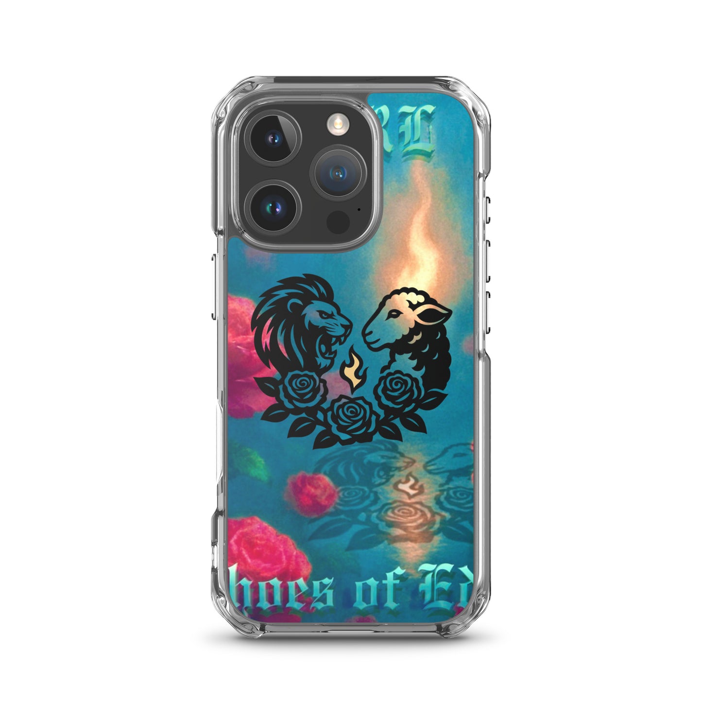 Phone case with lion and lamb design and colorful background on a white background