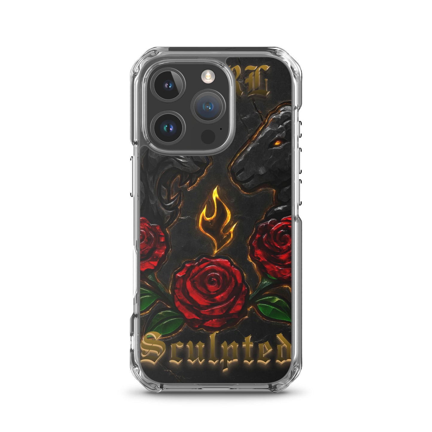 Phone case with red roses and flame design on a black background