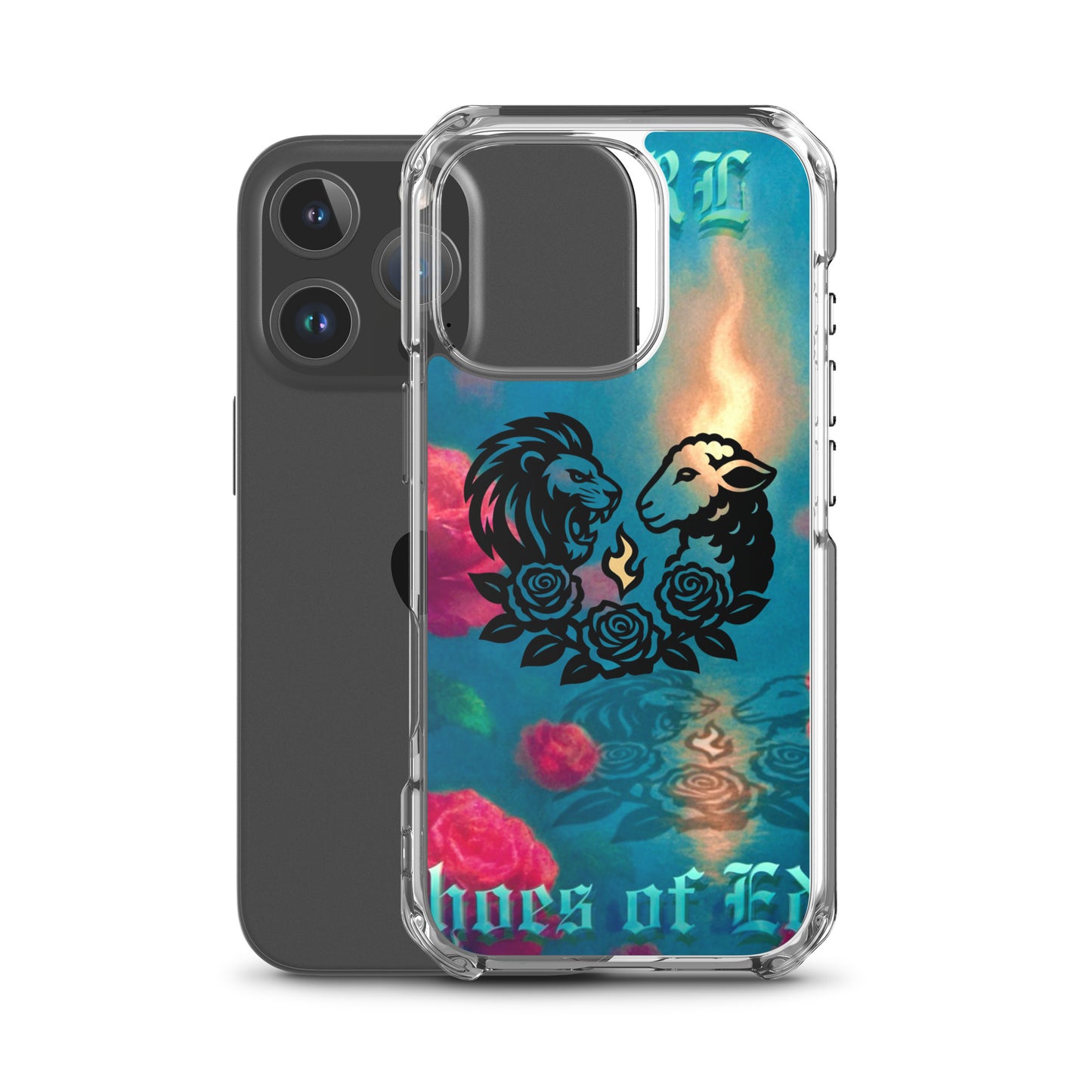 Phone case with lion and sheep design on a colorful background