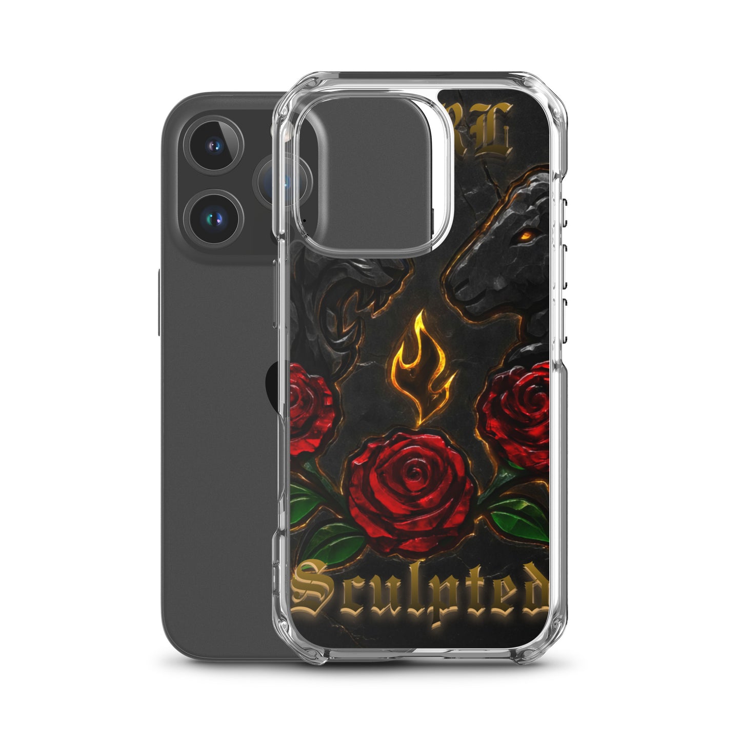 Phone case with red roses, flames, and 'Sculpted' text on a black background