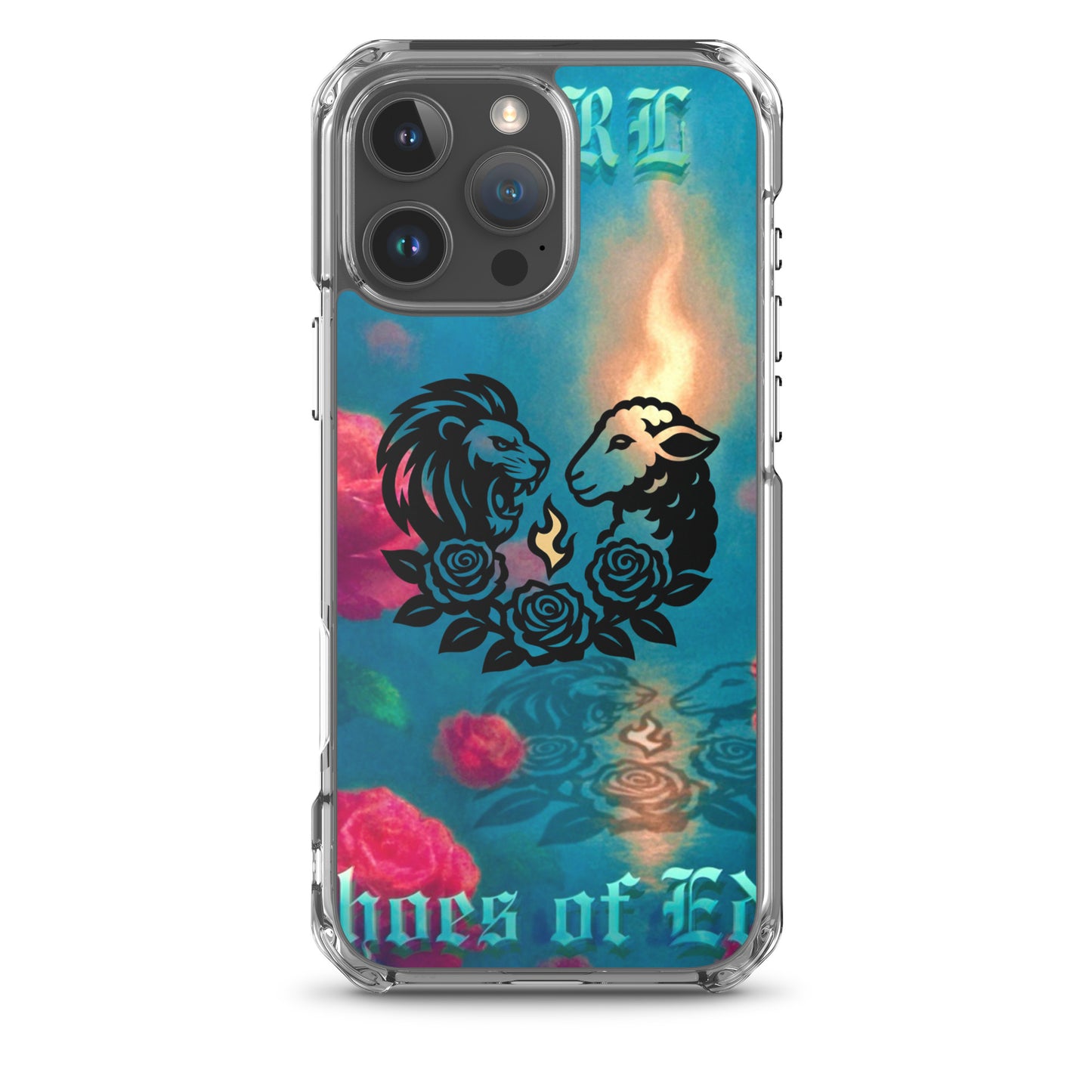 Phone case with lion and sheep design and colorful background